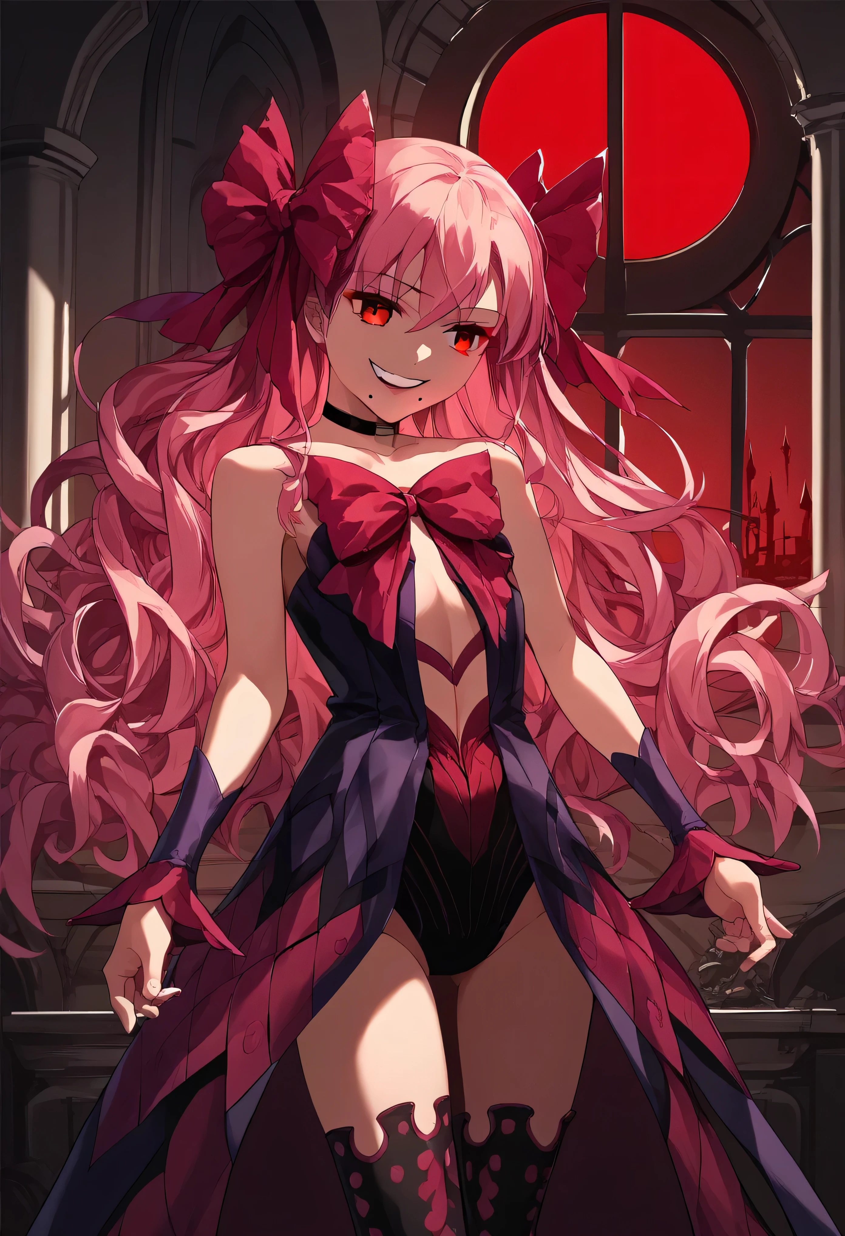 1girl, really long hair, pink hair, red eyes, mole under mouth, hair bow, choker, ribbon, leotard, center opening, bare shoulders, black thighhighs, wrist cuffs, laying, standing, cowboy shot, indoors, gothic, bedroom, castle, , red moon score_9, score_8_up, score_7_up, score_6_up, score_5_up, score_4_up, BREAK source_anime, masterpiece,,very evil smile,best quality
