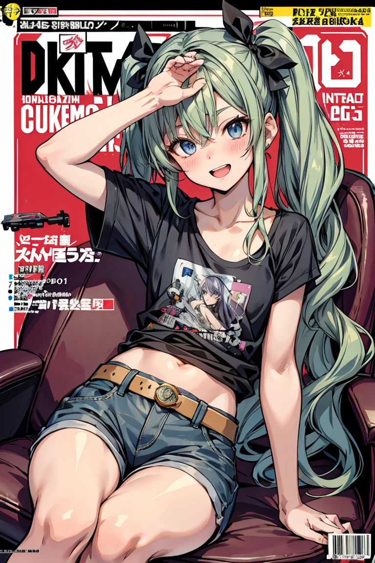 (masterpiece), (best quality), detailed, 1 girl, soro, twintails, long wavy hair twintails.hairs between eyes,dark green eyes ,dark green hair, smile, masterpiece, best quality, newest, (from below:1.2),(perky chest:1.2), (pointed chest:1.2),(from below:1.2,Best Quality),a girl , platinum color hair、bartender uniform,Purplish blue eyes that dreamers desire, ((Otaku girl)),gloomy, messy hair, hair over eyes, long hair, blushing face,armpits hair, (harf sleeve t-shirt),shorts, sitting on gaming chair, dirty room,playing PC-game,small breasts, skinny,open mouth, (otaku game magazine cover:1.3),(with sparkling eyes and a contagious smile),her thin pubic hair:1.2, looking at viewer


