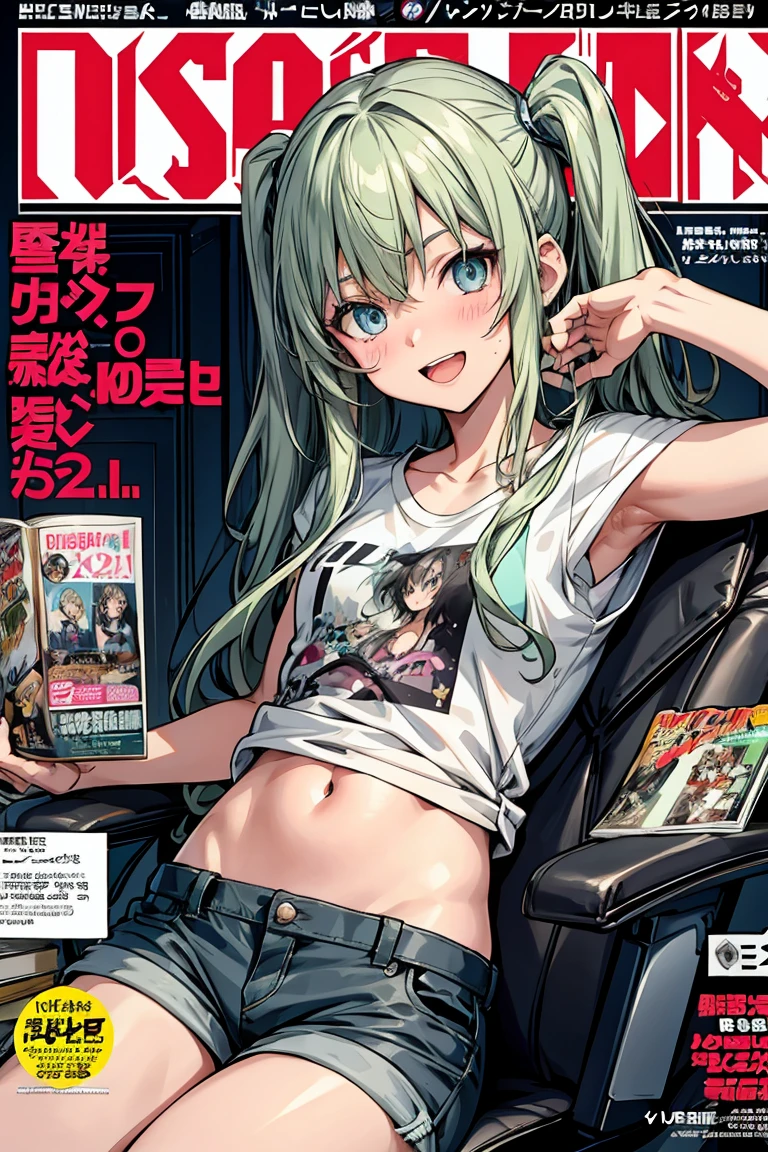 (masterpiece), (best quality), detailed, 1 girl, soro, twintails, long wavy hair twintails.hairs between eyes,dark green eyes ,dark green hair, smile, masterpiece, best quality, newest, (from below:1.2),(perky chest:1.2), (pointed chest:1.2),(from below:1.2,Best Quality),a girl , platinum color hair、bartender uniform,Purplish blue eyes that dreamers desire, ((Otaku girl)),gloomy, messy hair, hair over eyes, long hair, blushing face,armpits hair, (harf sleeve t-shirt),shorts, sitting on gaming chair, dirty room,playing PC-game,small breasts, skinny,open mouth, (otaku game magazine cover:1.3),(with sparkling eyes and a contagious smile),her thin pubic hair:1.2, looking at viewer


