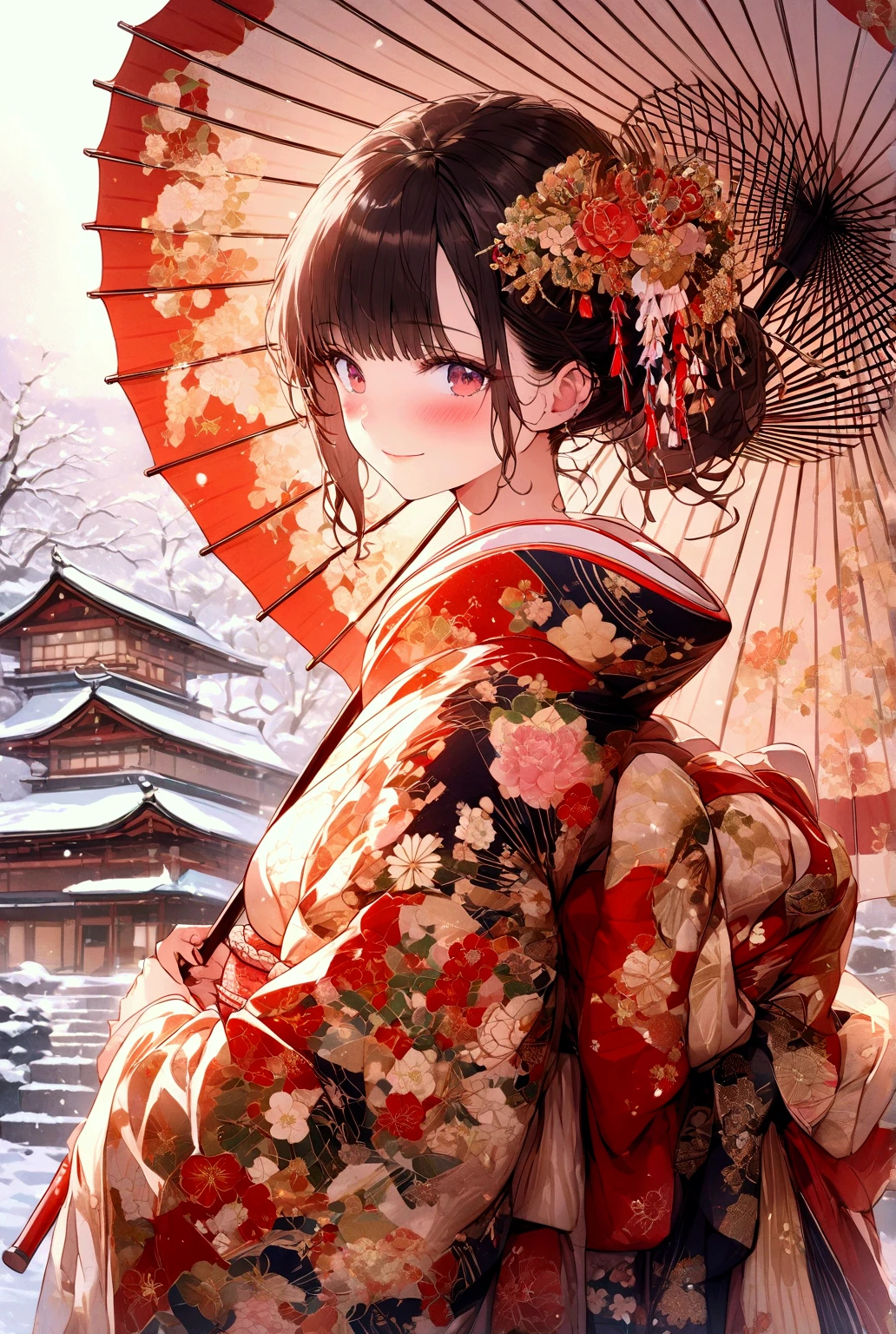 Illustration Touch, (lovely), a high school girl, 1 girl standing, /(elegant kimono/), mature female, /(brown hair/) bangs, blush light smile, (masterpiece best quality:1.2) delicate illustration ultra-detailed BREAK holding a (Japanese umbrella) BREAK /(Japanese temple blanketed in snow/) Kyoto, (falling snow:1.2), /(bricks road/)