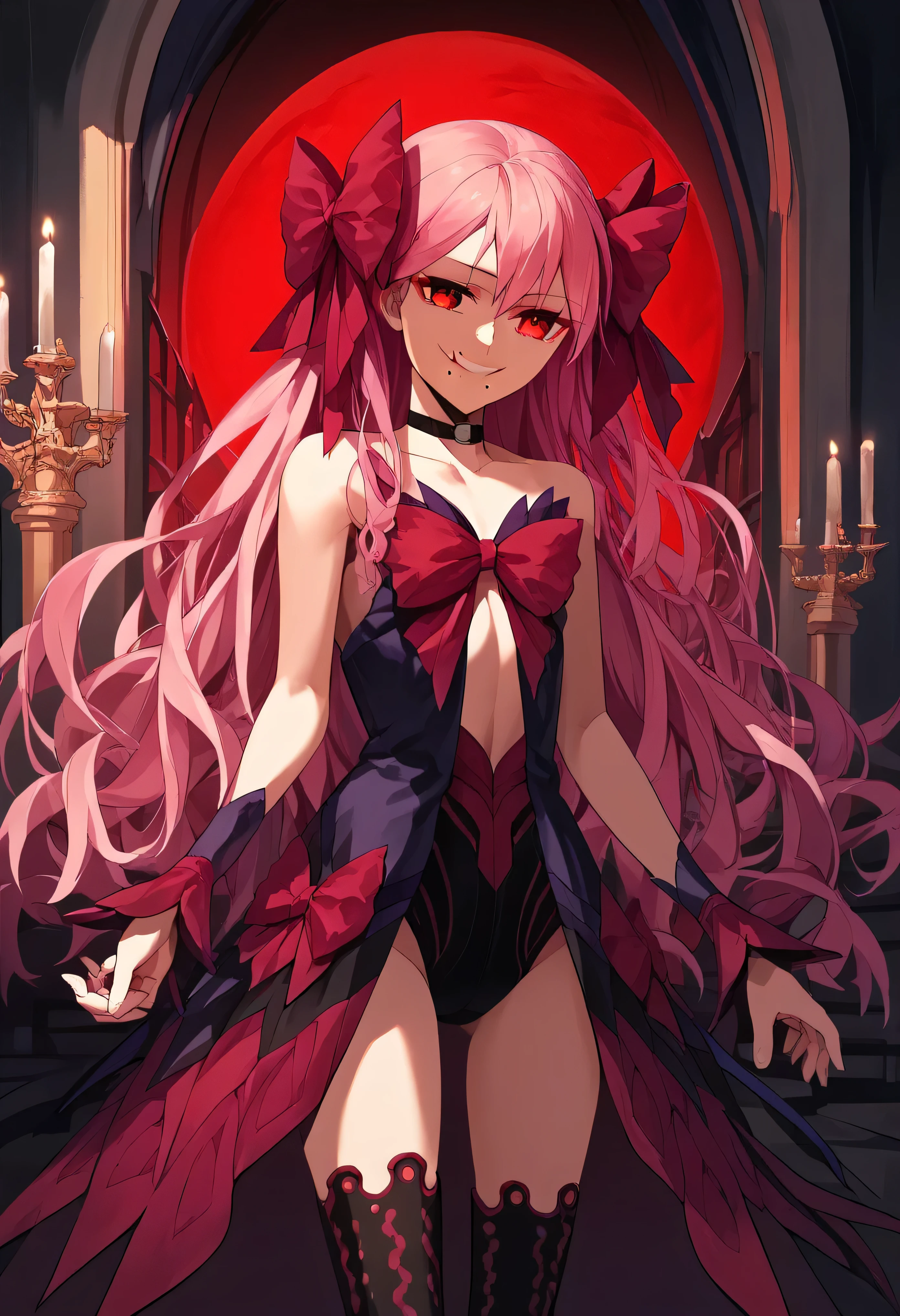 1girl, really long hair, pink hair, red eyes, mole under mouth, hair bow, choker, ribbon, leotard, center opening, bare shoulders, black thighhighs, wrist cuffs, laying, standing, cowboy shot, indoors, gothic, bedroom, castle, , red moon score_9, score_8_up, score_7_up, score_6_up, score_5_up, score_4_up, BREAK source_anime, masterpiece,,very evil smile,best quality