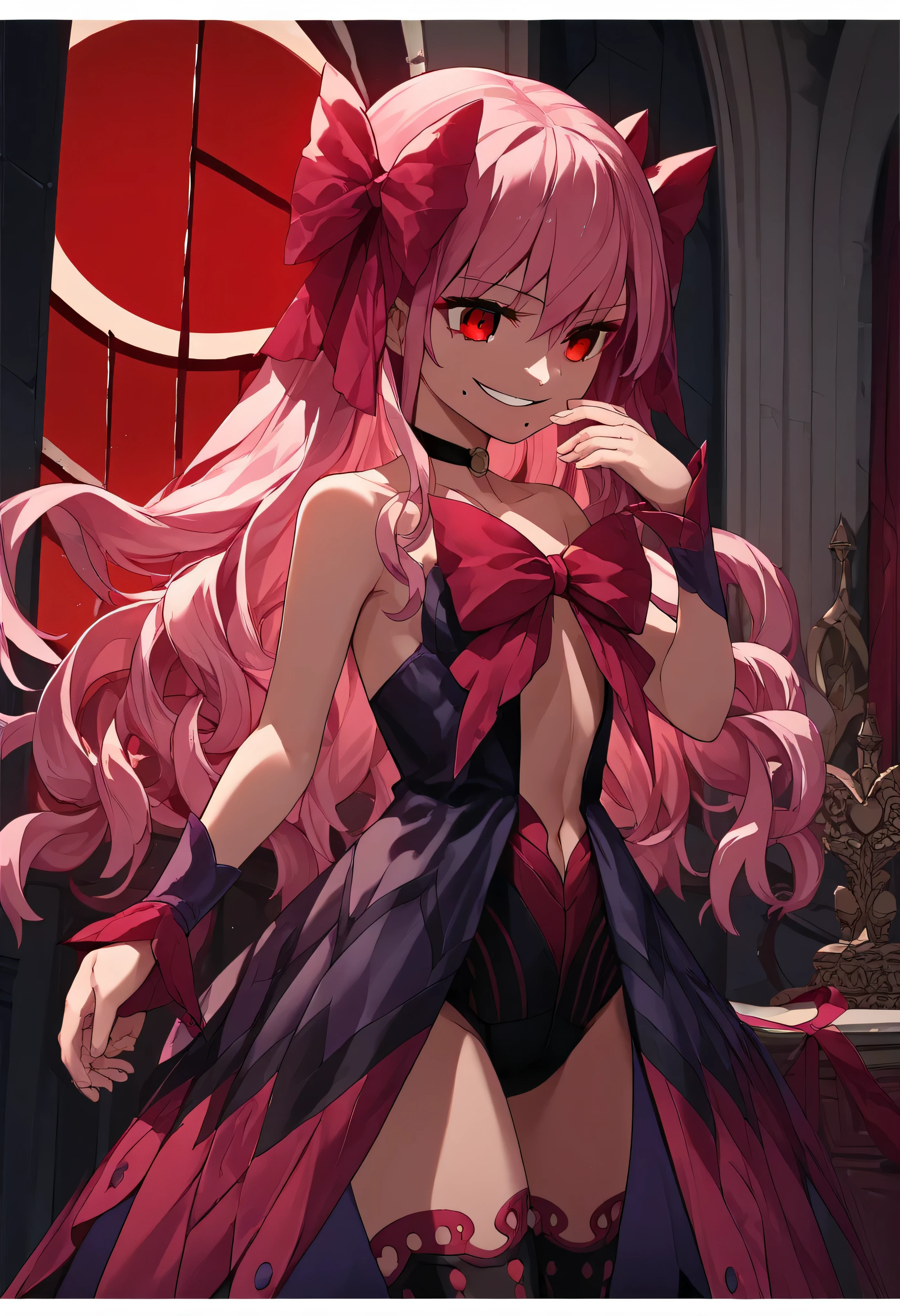 1girl, really long hair, pink hair, red eyes, mole under mouth, hair bow, choker, ribbon, leotard, center opening, bare shoulders, black thighhighs, wrist cuffs, laying, standing, cowboy shot, indoors, gothic, bedroom, castle, , red moon score_9, score_8_up, score_7_up, score_6_up, score_5_up, score_4_up, BREAK source_anime, masterpiece,,very evil smile,best quality