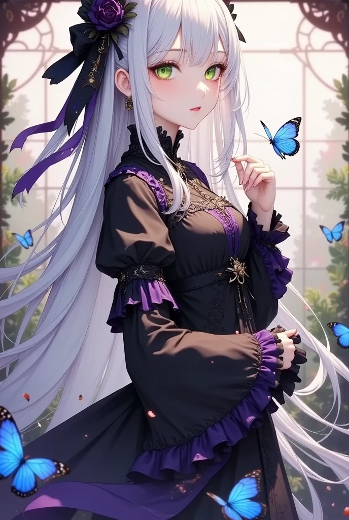 ((masterpiece)), (((Best Quality))), ((Very detailed)), colorful, High resolution, One girl, Alone, Upper Body, Grey Hair,Green Eyes, Luo Tianyi (Midsummer),Midsummer, Black and purple dress, (Blue Butterfly), White butterfly wings