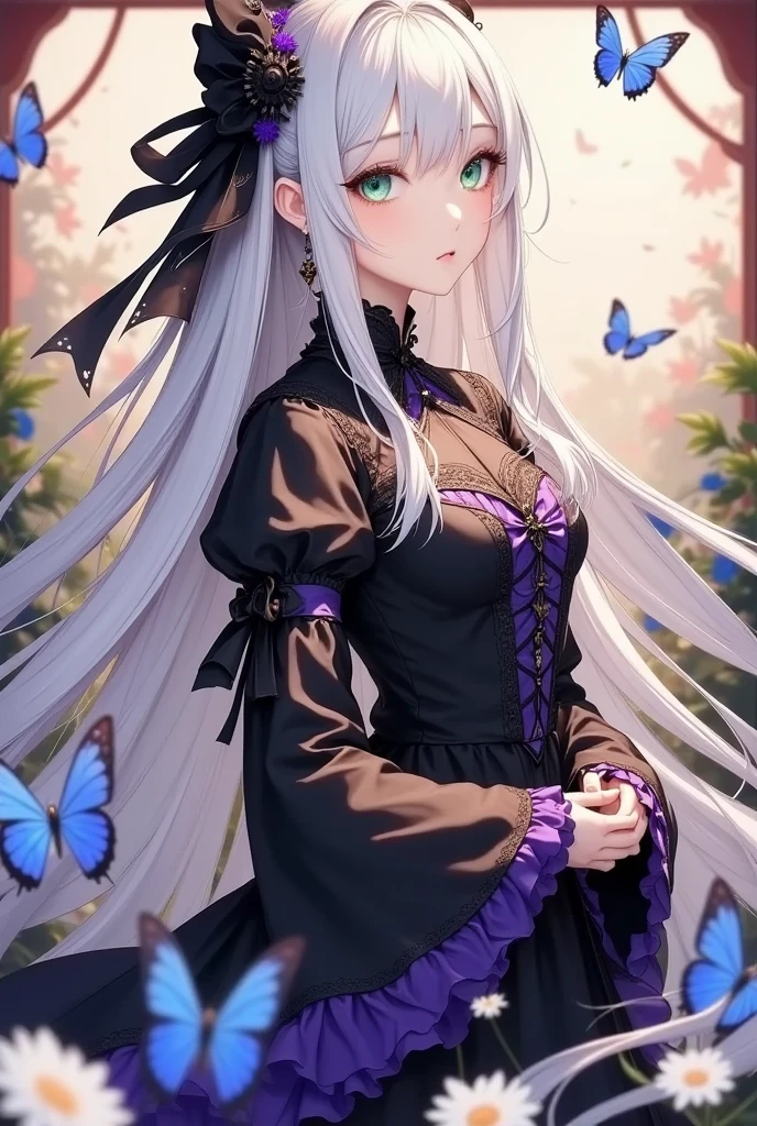 ((masterpiece)), (((Best Quality))), ((Very detailed)), colorful, High resolution, One girl, Alone, Upper Body, Grey Hair,Green Eyes, Luo Tianyi (Midsummer),Midsummer, Black and purple dress, (Blue Butterfly), White butterfly wings