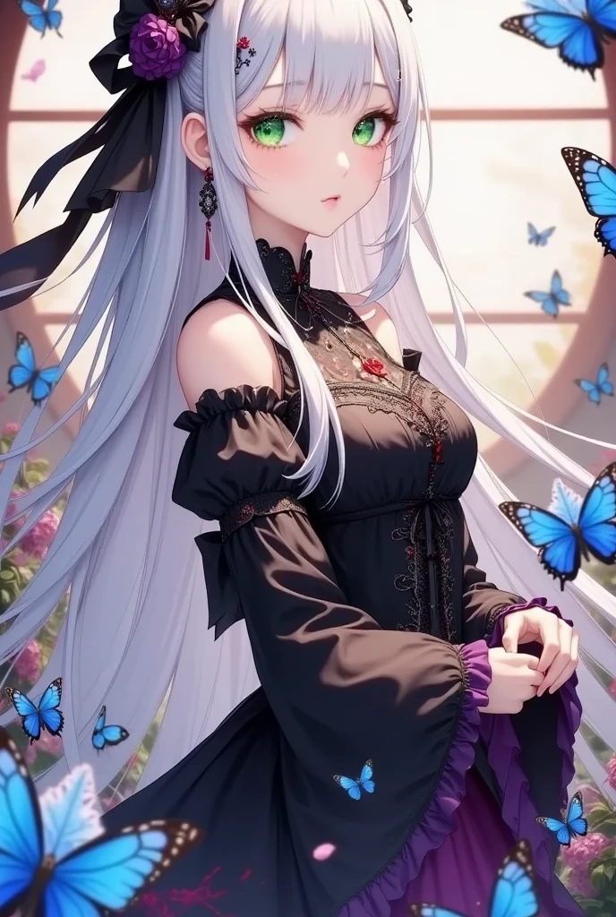 ((masterpiece)), (((Best Quality))), ((Very detailed)), colorful, High resolution, One girl, Alone, Upper Body, Grey Hair,Green Eyes, Luo Tianyi (Midsummer),Midsummer, Black and purple dress, (Blue Butterfly), White butterfly wings