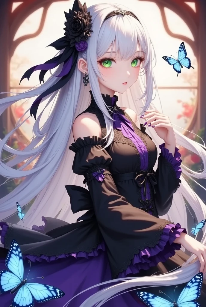 ((masterpiece)), (((Best Quality))), ((Very detailed)), colorful, High resolution, One girl, Alone, Upper Body, Grey Hair,Green Eyes, Luo Tianyi (Midsummer),Midsummer, Black and purple dress, (Blue Butterfly), White butterfly wings