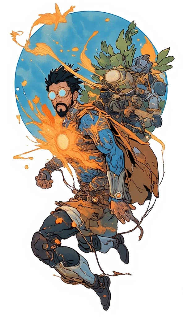  A man com óculos, big,  with a watercolor star in the background ,  a sturdy man with a striking black beard , shirtless, with a hairy chest, flying. poster art, Screen printing,  Marvel and DC comic book style , with graphic details . Promotional Art, poster illustration,  inspired by Jens Søndergaard ,  fashion illustration drawn on a white watercolor paper background,  promotional poster , Marvel and DC style,  Inspired by Emil Lindenfeld ,  with concentrated lines .  A man.

