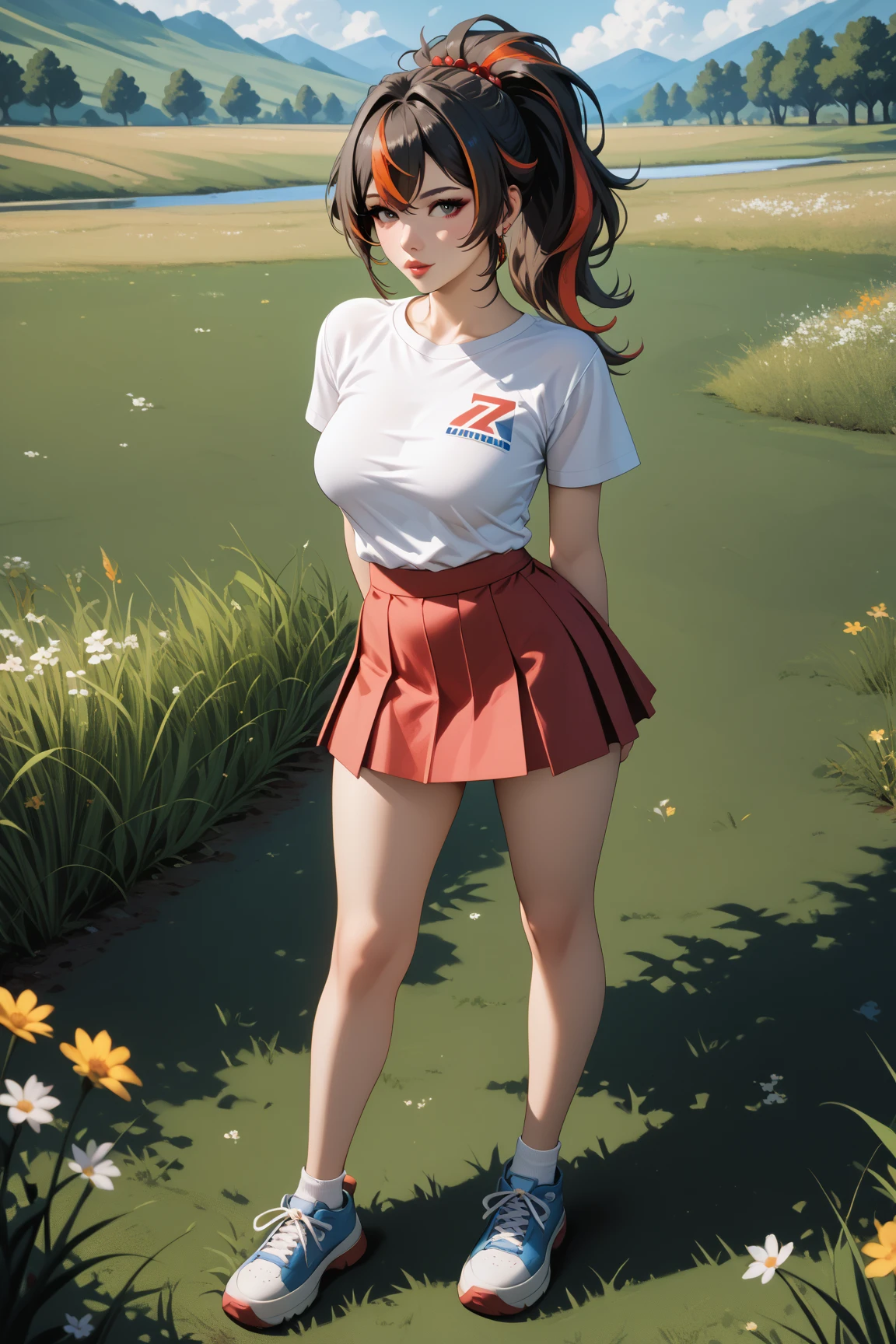 Masterpiece, extremely detailed,4k,solo, 1girl, Zhu yuan, ponytail streaked hair, blussesh cheeks, long hair,full body ,perfect slim body ,long legs,arms behind back,perfect slim body, very large breasts, ((kawai face)),Klimaks ekspression,(thin lips),white tshirt,Short sleevee,  mini skirt, cowboy shoot,((grass)), Front look, ((looking at viewers)) 
