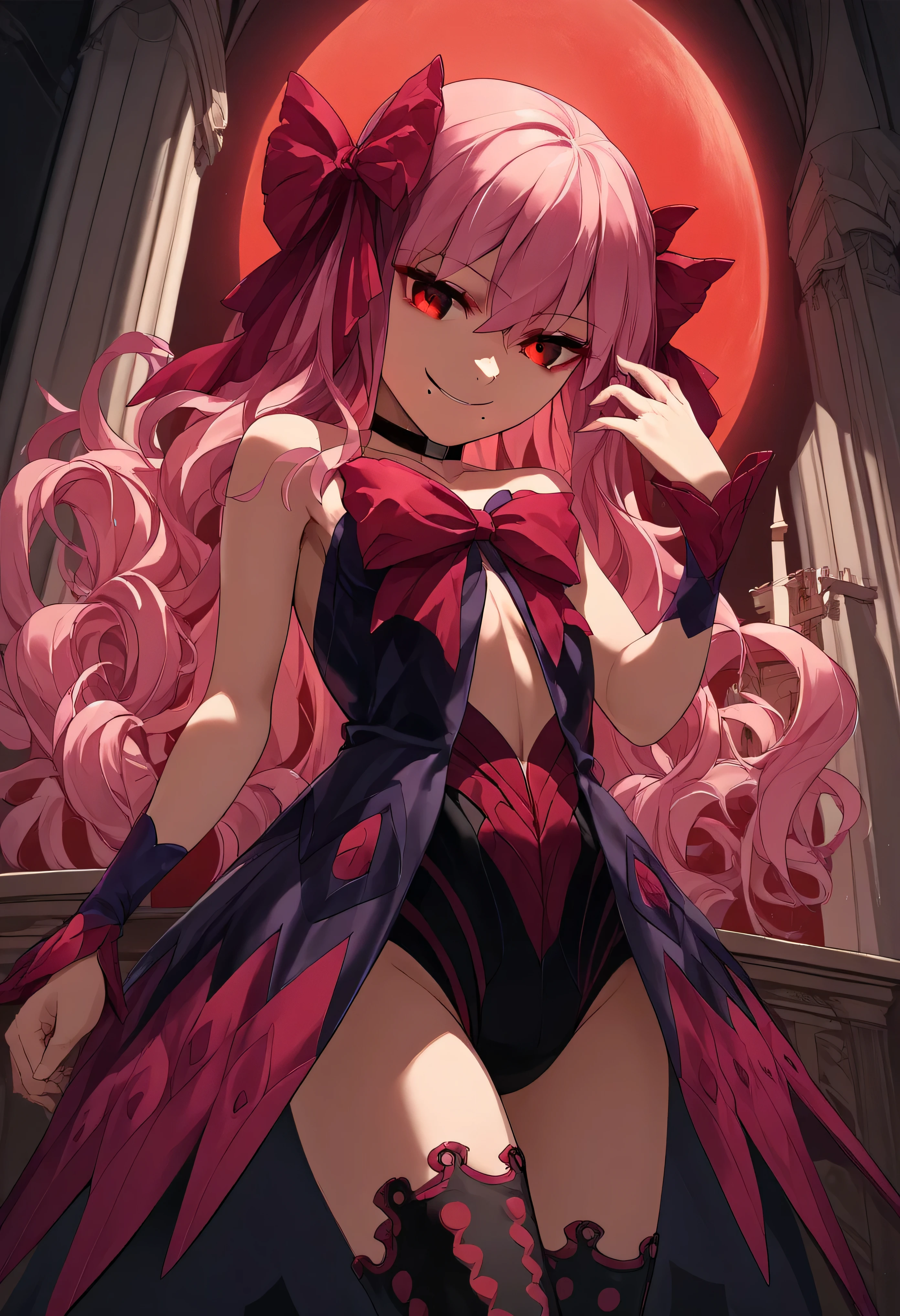 1girl, really long hair, pink hair, red eyes, mole under mouth, hair bow, choker, ribbon, leotard, center opening, bare shoulders, black thighhighs, wrist cuffs, laying, standing, cowboy shot, indoors, gothic, bedroom, castle, , red moon score_9, score_8_up, score_7_up, score_6_up, score_5_up, score_4_up, BREAK source_anime, masterpiece,,very evil smile,best quality,looking down at viewer