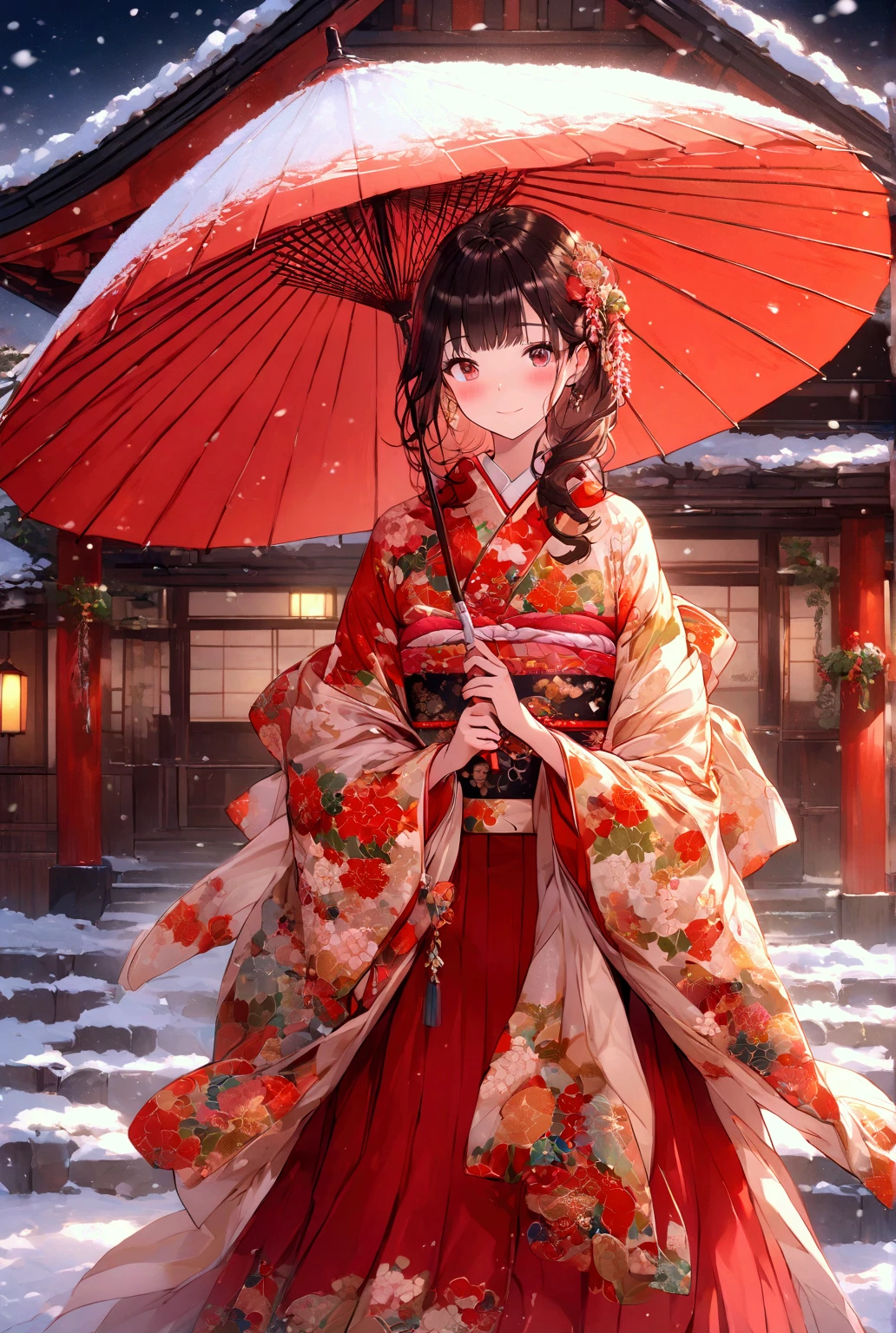 Illustration Touch, (lovely), a high school girl, 1 girl standing, /(elegant kimono/), mature female, /(brown hair/) bangs, blush light smile, (masterpiece best quality:1.2) delicate illustration ultra-detailed BREAK holding a (Japanese umbrella) BREAK /(Japanese temple blanketed in snow/) Kyoto, (falling snow:1.2), /(bricks road/)