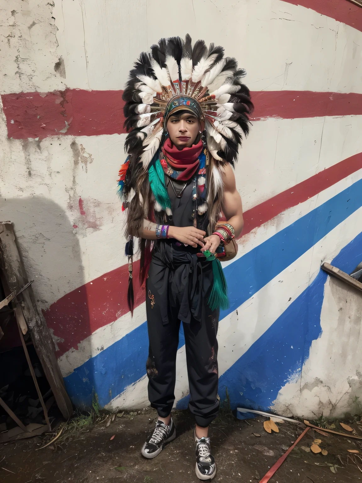 Handsome boy, black hair, brown eyes, wearing black and white feather headdress