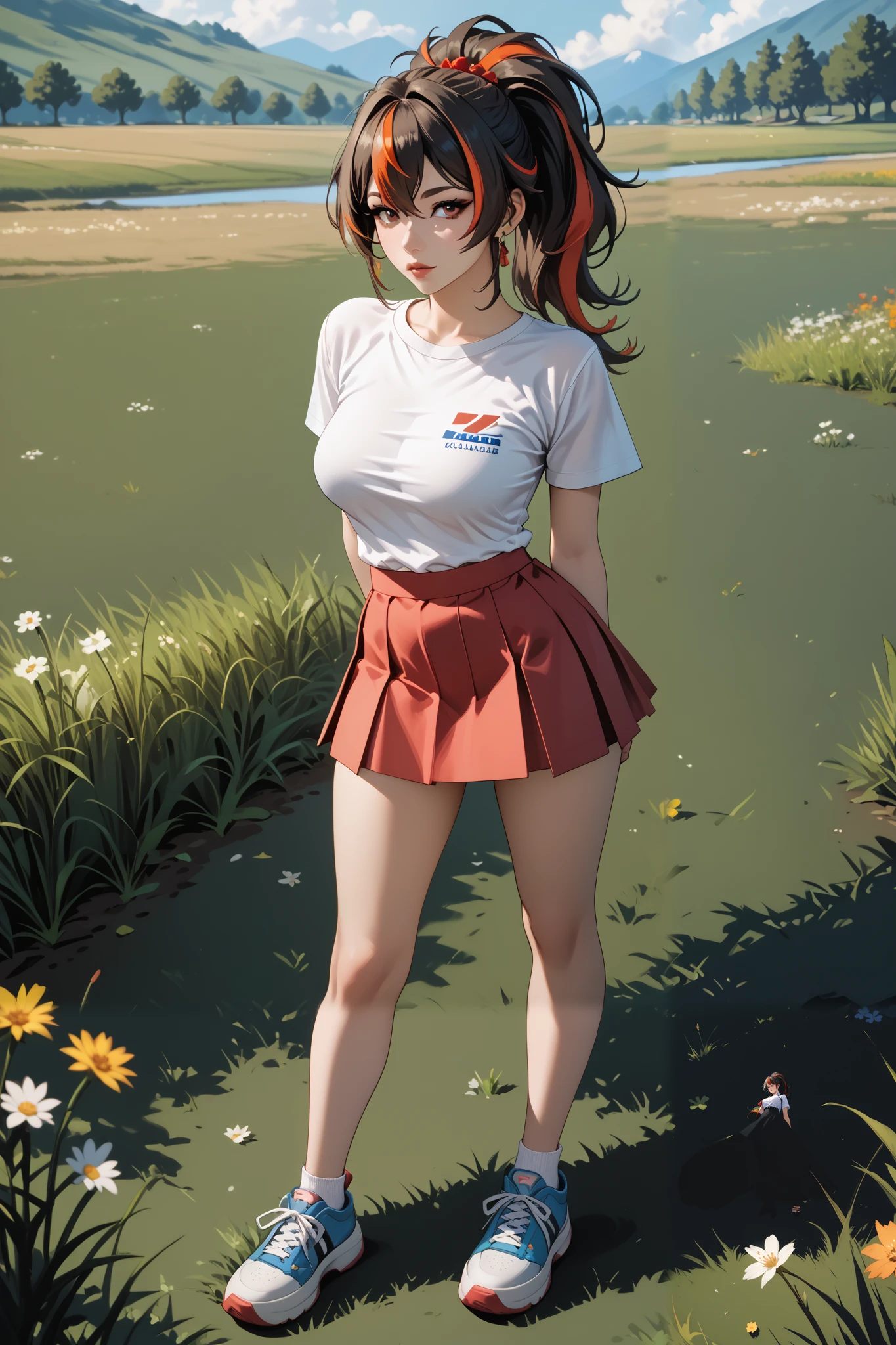 Masterpiece, extremely detailed,4k,solo, 1girl, Zhu yuan, ponytail streaked hair, blussesh cheeks, long hair,full body ,perfect slim body ,long legs,arms behind back,perfect slim body, very large breasts, ((kawai face)),Klimaks ekspression,(thin lips),white tshirt,Short sleevee, mini skirt, cowboy shoot,((grass)), Front look, ((looking at viewers))