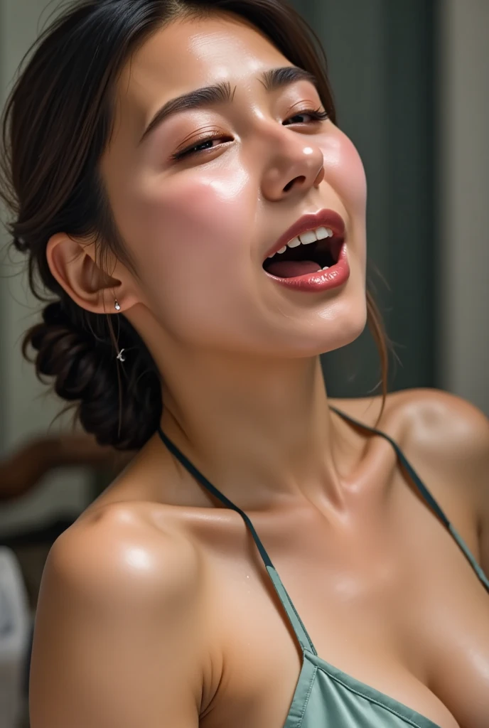   beautiful brown-haired woman  ,  randomly express the face of a woman who has experienced an intense orgasm ,  Please sit in your jacket  , ((  screaming climax )) ,   Sharp Focus with Eyes Closed   , (  8K ultra HD :0.8),   ultra detail  ,   RAW amateur photo  ,(( face close-up while changing clothes)),Frowning, Irritated, frown, Mouth wide open ,Panting face, it is there ,Chest, neck, and face shining wet with sweat ,Coordinating Your Chest to SEXY ,  Beautiful Actress Scandals, lean against the back of a chair,  leaning back from outside  ,   during sexual activity , sex,seat, 胸元はsweatだくで、Décolletage , sweaty,( Wet Filter) climax face ,((length, Narrow nostrils,  chiseled face ,Greek Nose)),((sweat, oily skin))  face and body wet with water  , sexハードオーガズムの女性の顔をランダムで表現して, hyperrealistic detail、 glowing skin,