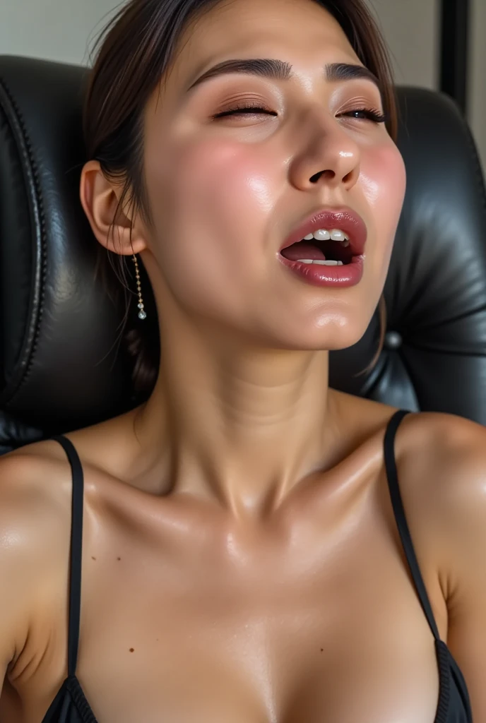   beautiful brown-haired woman  ,  randomly express the face of a woman who has experienced an intense orgasm ,  Please sit in your jacket  , ((  screaming climax )) ,   Sharp Focus with Eyes Closed   , (  8K ultra HD :0.8),   ultra detail  ,   RAW amateur photo  ,(( face close-up while changing clothes)),Frowning, Irritated, frown, Mouth wide open ,Panting face, it is there ,Chest, neck, and face shining wet with sweat ,Coordinating Your Chest to SEXY ,  Beautiful Actress Scandals, lean against the back of a chair,  leaning back from outside  ,   during sexual activity , sex,seat, 胸元はsweatだくで、Décolletage , sweaty,( Wet Filter) climax face ,((length, Narrow nostrils,  chiseled face ,Greek Nose)),((sweat, oily skin))  face and body wet with water  , sexハードオーガズムの女性の顔をランダムで表現して, hyperrealistic detail、 glowing skin,