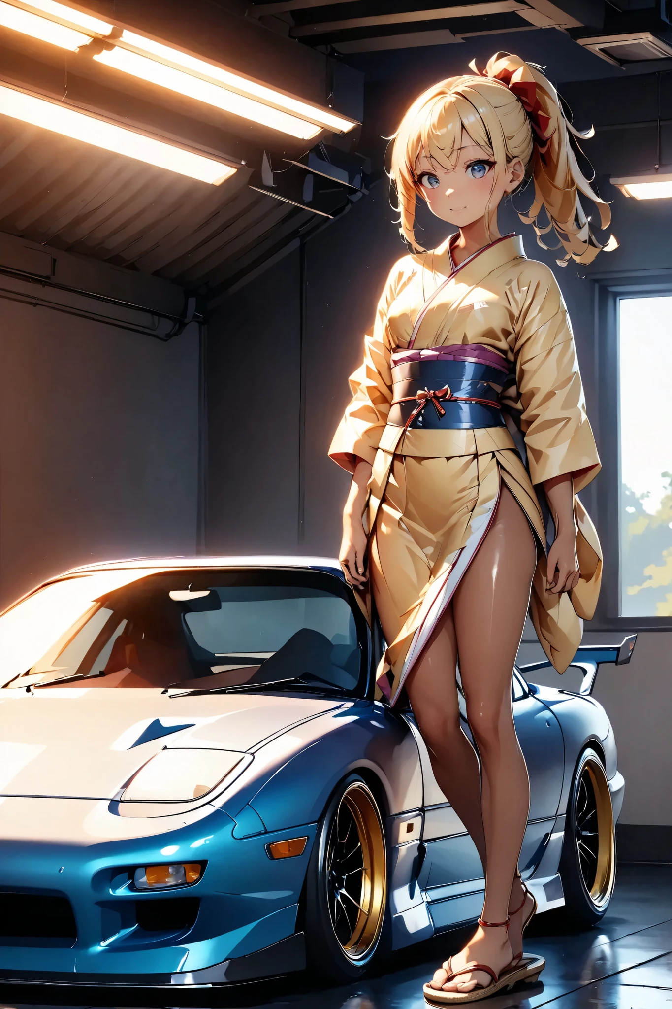 One bad high school girl posing next to a tuned MAZDA RX7, Japanese Kimono 、Straw sandals, glossy brown skin, small breasts, video, Yellow Hair, ponytail, abs、 Textured Skin, high detail, movie light effect, anatomically correct, best quality ,