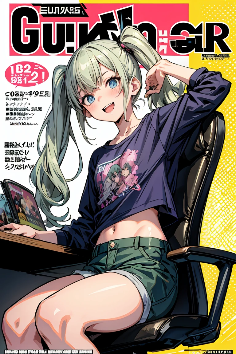 (masterpiece), (best quality), detailed, 1 girl, soro, twintails, long wavy hair twintails.hairs between eyes,dark green eyes ,dark green hair, smile, masterpiece, best quality, newest, (from below:1.2),(perky chest:1.2), (pointed chest:1.2),(from below:1.2,Best Quality),a girl , platinum color hair、bartender uniform,Purplish blue eyes that dreamers desire, ((Otaku girl)),gloomy, messy hair, hair over eyes, long hair, blushing face,armpits hair, (harf sleeve t-shirt),shorts, sitting on gaming chair, dirty room,playing PC-game,small breasts, skinny,open mouth, (otaku game magazine cover:1.3),(with sparkling eyes and a contagious smile),her thin pubic hair:1.2, looking at viewer


