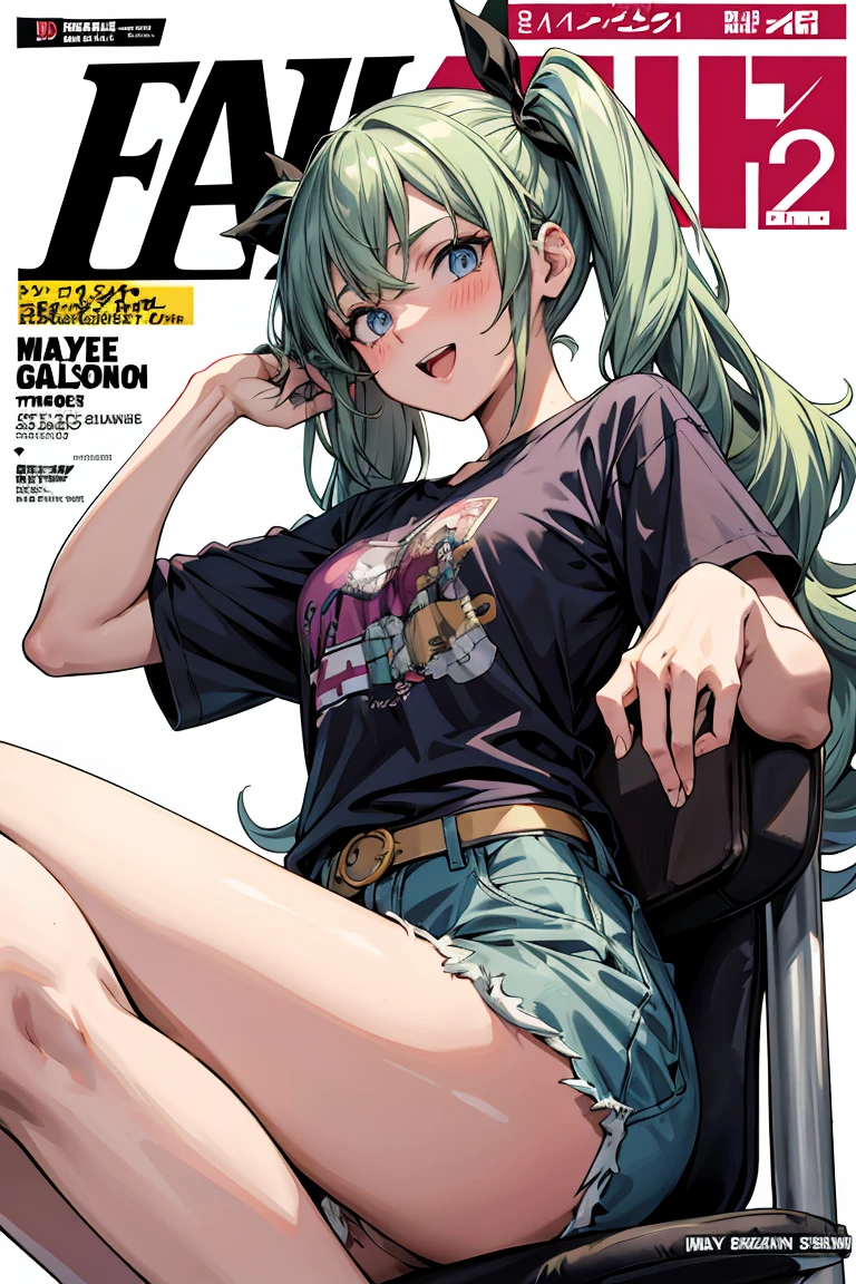 (masterpiece), (best quality), detailed, 1 girl, soro, twintails, long wavy hair twintails.hairs between eyes,dark green eyes ,dark green hair, smile, masterpiece, best quality, newest, (from below:1.2),(perky chest:1.2), (pointed chest:1.2),(from below:1.2,Best Quality),a girl , platinum color hair、bartender uniform,Purplish blue eyes that dreamers desire, ((Otaku girl)),gloomy, messy hair, hair over eyes, long hair, blushing face,armpits hair, (harf sleeve t-shirt),shorts, sitting on gaming chair, dirty room,playing PC-game,small breasts, skinny,open mouth, (otaku game magazine cover:1.3),(with sparkling eyes and a contagious smile),her thin pubic hair:1.2, looking at viewer


