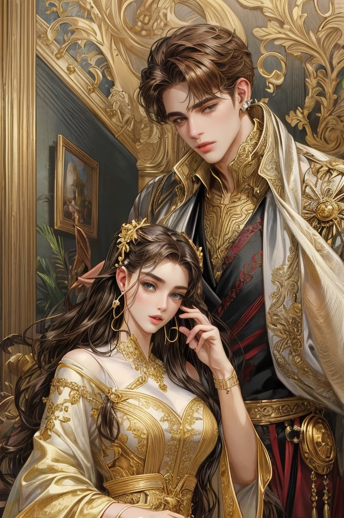 Masterpiece, Best Quality, (Very Detailed CG Unity 8k Wallpaper), (Best Quality), (Best Illustration), (Best Shadows), Absurd, Realistic Lighting, (Abyss), Beautiful Detailed Glow, Peter Mohr Beighter's art, masterpiece, best quality, (very detailed CG unified 8k wallpaper), (best quality), (best illustration), (best shadow), ultra-detailed, "They are an ancient couple, | The boy is tall, broad shoulders and strong arms, his face is well-defined, handsome, and his eyes are deep and clear. He wore a wide robe with exquisite embroidery on it, a pair of loose pants underneath, and a pair of leather boots under his feet, and the whole person looked calm and restrained. | The girl has a graceful figure, smart and beautiful, and her big eyes and long black hair make her look extremely charming. She wore a bright red robe with exquisite embroidery and gold thread, the hem of the dress fluttered in the wind, and a pair of red embroidered shoes at the corner of the skirt made her look beautiful and cute. They came to a lotus pond, and the lotus flowers glowed faintly golden in the moonlight, which was very beautiful. "Digital Art, trending artstation, 4K, high detail, cinematic lighting, intricate, high detail, sharp-focused, dramatic, realistic --auto --s2