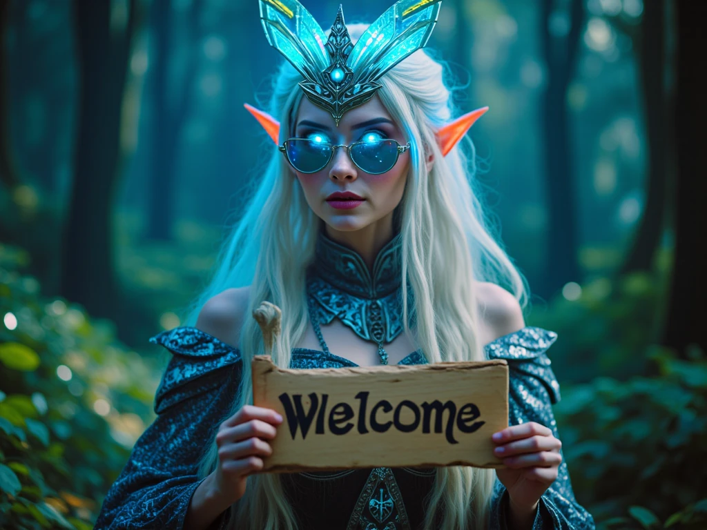 (best quality, 128k, highres, masterpiece:1.2), ultra-detailed, (realistic, photorealistic, photo-realistic:1.37), ((masterpiece)) ((photography)) ((Highest quality)) Create an illustration featuring a mystical fairy elf with long, flowing white hair glowing softly under the ambient light of an enchanted forest. Her eyes radiate a vivid, magical blue light, and she wears sleek, futuristic holographic glasses that reflect vibrant patterns. Her pointed ears emit a soft orange glow, adding a touch of mysticism. She holds a wooden sign with "Welcome" elegantly carved into it, exuding warmth and joy. Her delicate, intricate tattoos of ancient runes shimmer faintly in silver across her skin. The lush, vibrant forest background with ethereal lighting enhances the atmosphere of enchantment and magic.