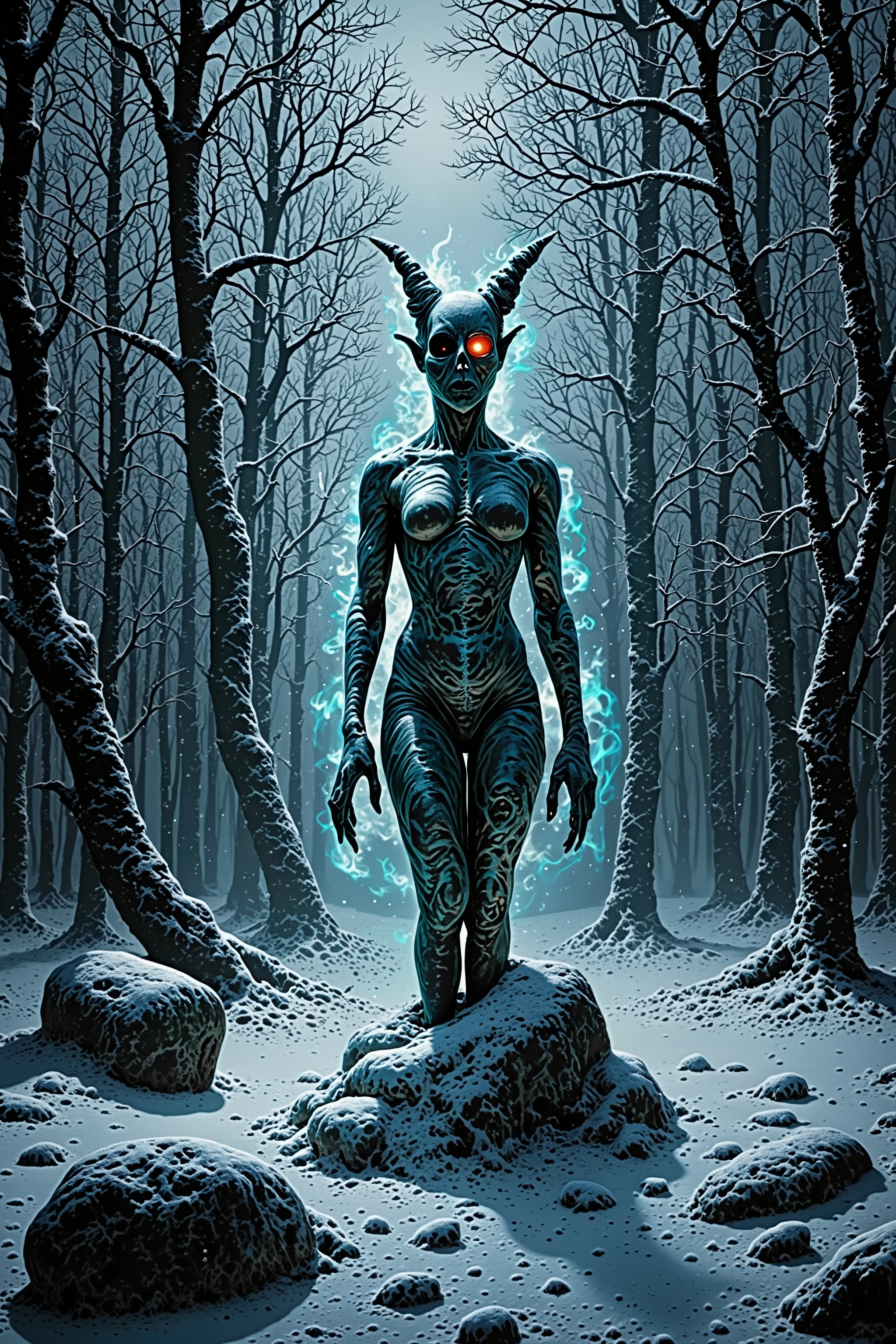 A haunting depiction of a cursed statue standing in the middle of a snowy tundra forest. The statue, ancient and broken, features deep cracks along its weathered stone surface, and one glowing eye filled with sinister, dark energy, hinting at an evil presence within. The figure is devilish in shape, with missing limbs and fractured features, exuding an eerie and foreboding aura. Surrounding it is a desolate frozen forest, with frost-covered, twisted trees standing tall against an overcast sky. Snow blankets the ground and partially buries the statue's base, while an unnatural dark mist swirls faintly around it. The lighting is cold and muted, with soft snowflakes falling, contrasted by the unholy glow emanating from the statue’s eye, creating a chilling and supernatural atmosphere.