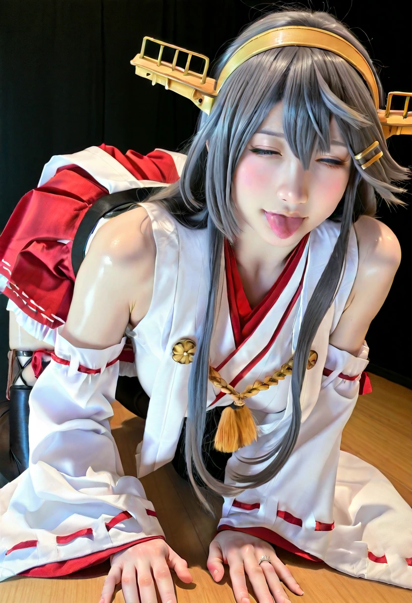 (very awa,masterpiece,best quality,year 2024,newest,highres,absurdres:1)
4k photo, (realistic),DSLR,photo, professional photography,serene expression,Seducing the audience, sexually suggestive, (looking at viewer:1.2) and (facing viewer), ,Bedroom background, dark background,BREAK,(1girl, solo, beautiful young girl, yo, realistic skin texture, shiny skin, harunakncKC,haruna (kancolle), long hair, hair ornament,hairband, detached sleeves, japanese clothes, hairclip, black thighhighs, wide sleeves, red skirt, headgear, ribbon trim, nontraditional miko, ribbon-trimmed sleeves,), perfect body,breasts, upper body,,engaged ring,breasts,((pregnancy:1.2)),
(hands,fingers,fingernails:0.8),perfect slim body,breasts,(closed eyes,tongue out),((
lean forward and stick all fours:1.2)),from back:1.4,