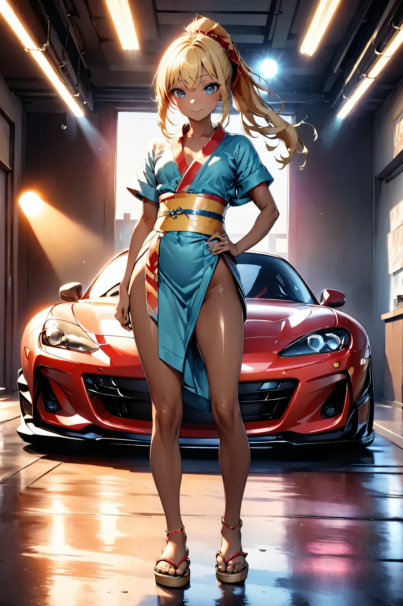 One bad high school girl posing next to a tuned MAZDA RX7, Japanese Kimono 、Straw sandals, glossy brown skin, small breasts, video, Yellow Hair, ponytail, abs、 Textured Skin, high detail, movie light effect, anatomically correct, best quality ,
