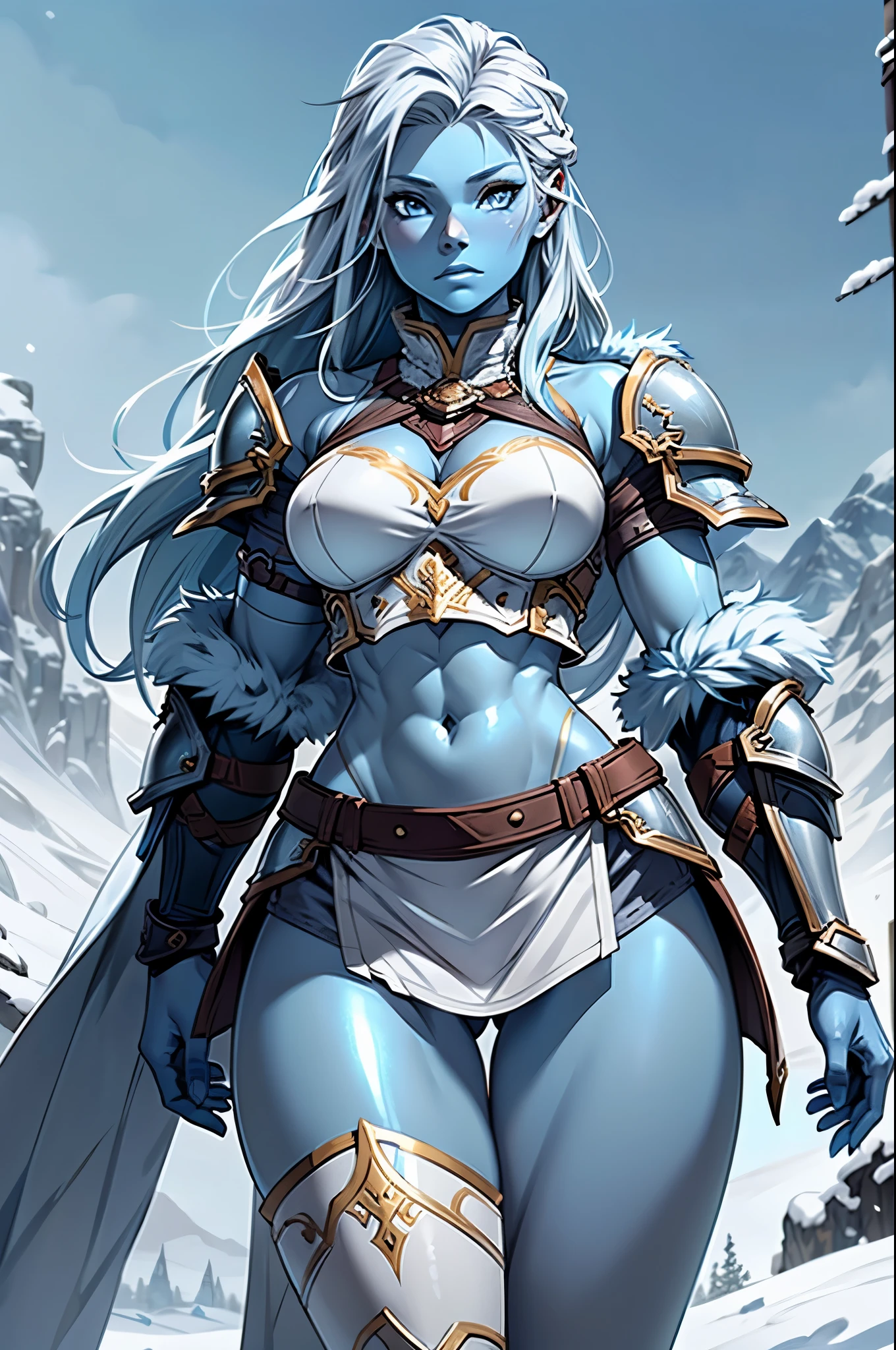 1girl, perfecteyes eyes, female frost giant, white hair, long hair, (light blue skin, blue skin, blue skinned, blue thighs:1.3). female warrior, (shiny,armor, grey armor:1.2), exposed midriff. bare thighs, bare hips. White fur pelvic curtain, white fur shoulders, V1k1ng, furs, leather armor. Winter background, snowy mountain