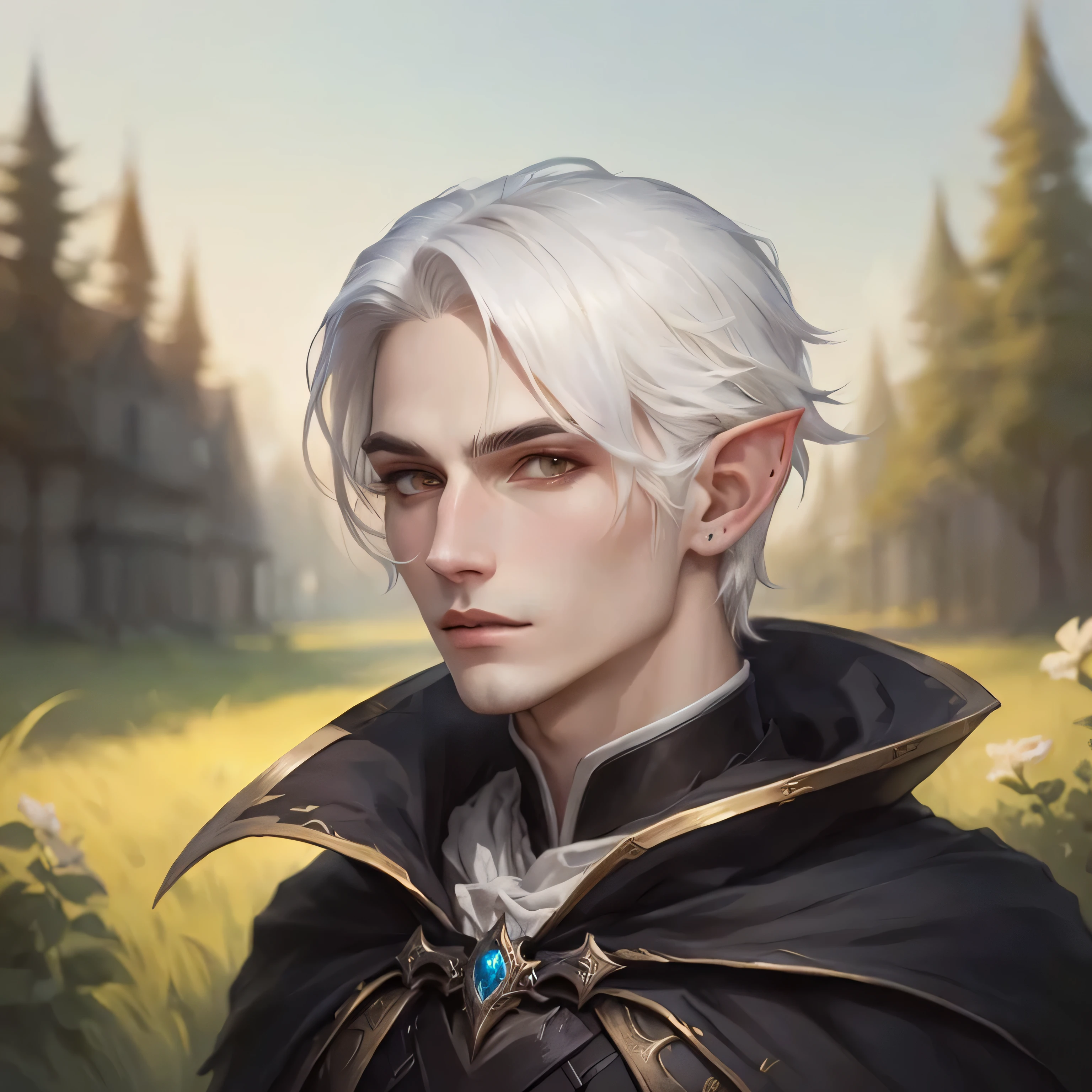 (((beautiful, high quality))), upper body, score_9, score_8_up, score_7_up, solo,
Changeling, gray skin, white eyes, white hair, dark eyelids, 1boy, cape,
Outdoor, fantasy background, nature, blurred background,