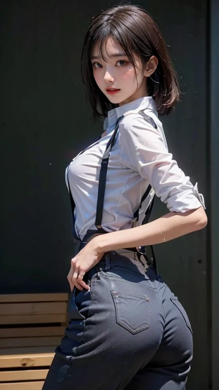 ((Face the front of your body at the camera:2.0)), ((Collared shirt:2.0, suspenders:2.0)), (Clothing:2.0, Skinny jeans:2.0, suspenders under Collared shirt:2.0, A bow tie:1.2, sneakers:1.5), ((A grin:1.2, Small breasts:1.5, slender:1.5, Small Ass:1.5)), ((Japanese, 1 Girl, 18-year-old, 7 heads, Ideal body proportions, Black Hair, With bangs, Small breasts, Erect nipples, slender, Small Ass, Beautiful feet, Skinny Legs)), Surrealism, Cinematic Lighting, Depth of written boundary, First Person View, Boobs F/1.8, 135mm, Ticker, Mastepiece, Curate, ((Anatomically correct:1.3)), Textured skin, Super Detail, High detail, High quality, Awards, Best Quality, High resolution, 8K