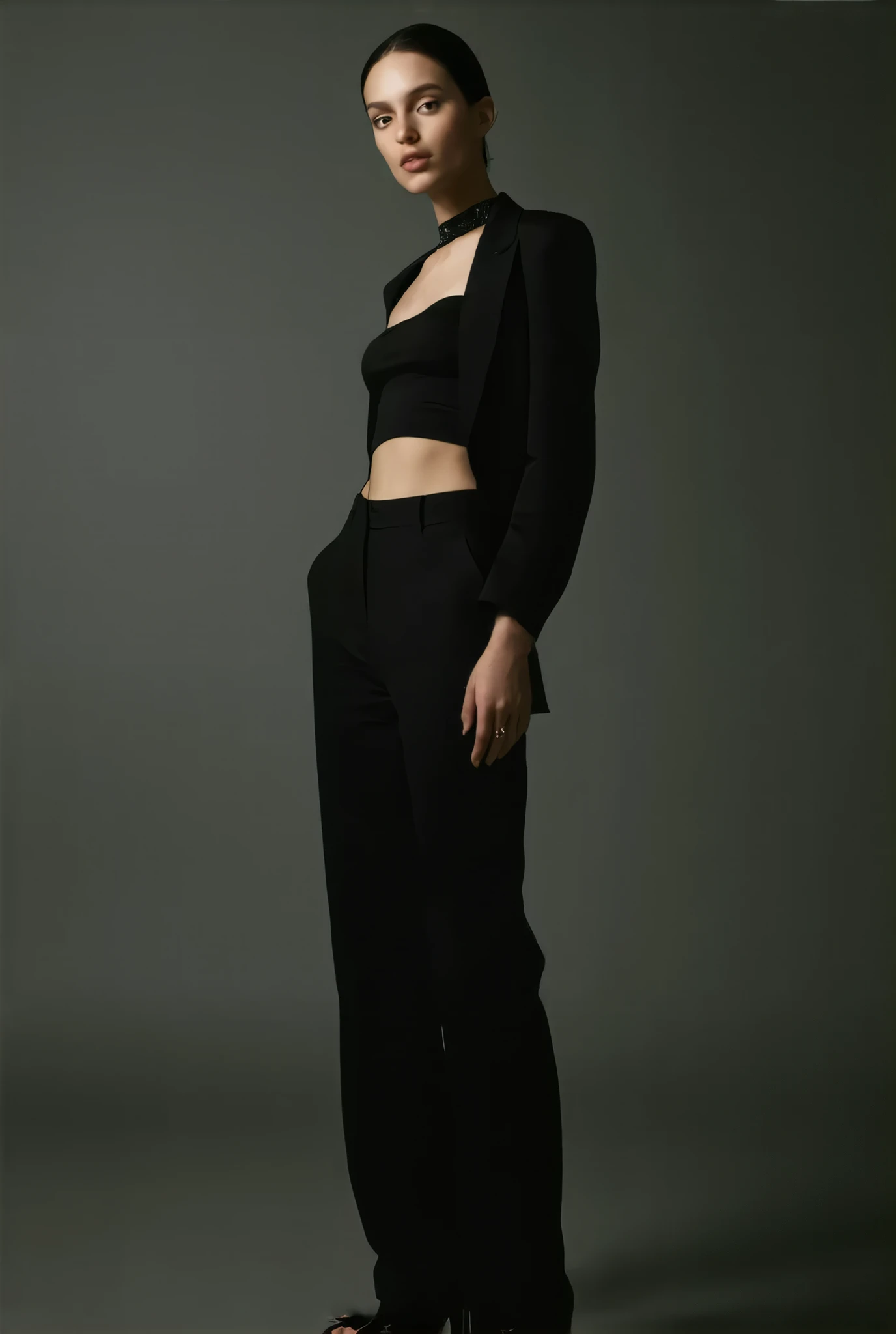 Create a character with spiky red hair, red eyes, fair skin, a shirt with a plain bottom and a black top, black pants, black shoes, and a white background.