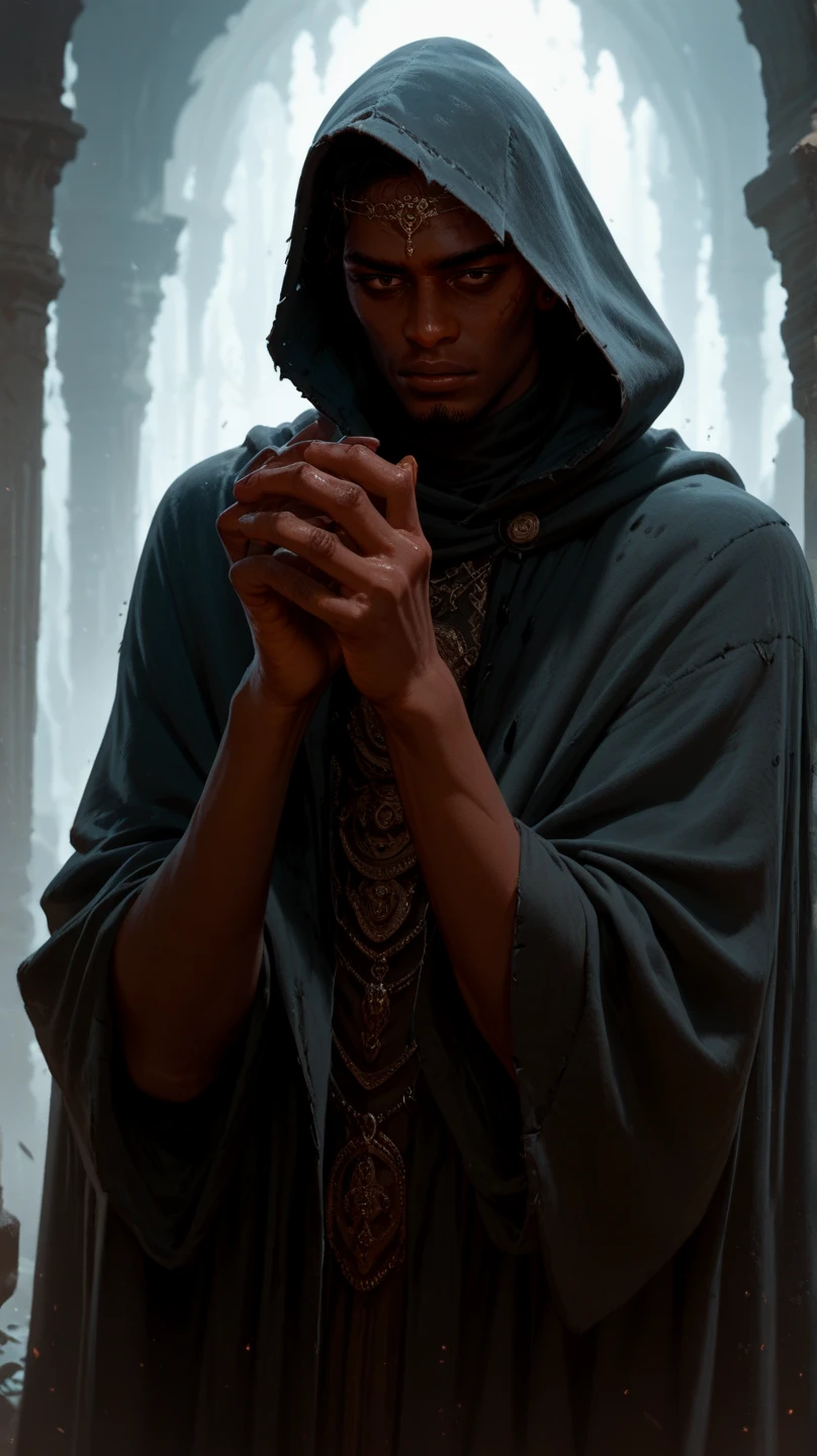 Create man wearing a cloak, with only shadows in your face, dark skin. The character is trying to reach something with the hands up. besides him has the eerie atmosphere.