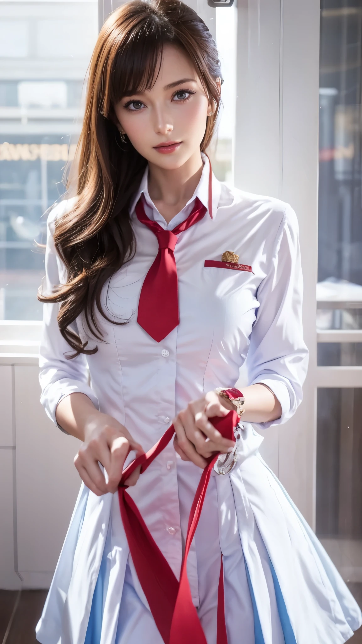 blue cabin attendant uniform、 red tie