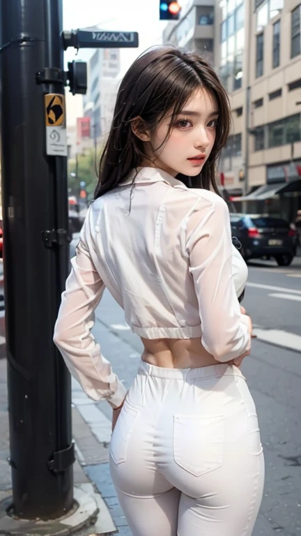 ((Highest quality, 8K, masterpiece: 1.3)), sharp: 1.2, Perfect Body Beauty: 1.4, Slim Abs: 1.2, ((Layered Hairstyles, Big Breasts: 1.2)), (Wet White Button Long Shirt: 1.1), (rain, street: 1.2), Wet: 1.5, Highly detailed face and skin texture, Fine grain, double eyelid, Eyes sparkling、Face focus from behind、tits、