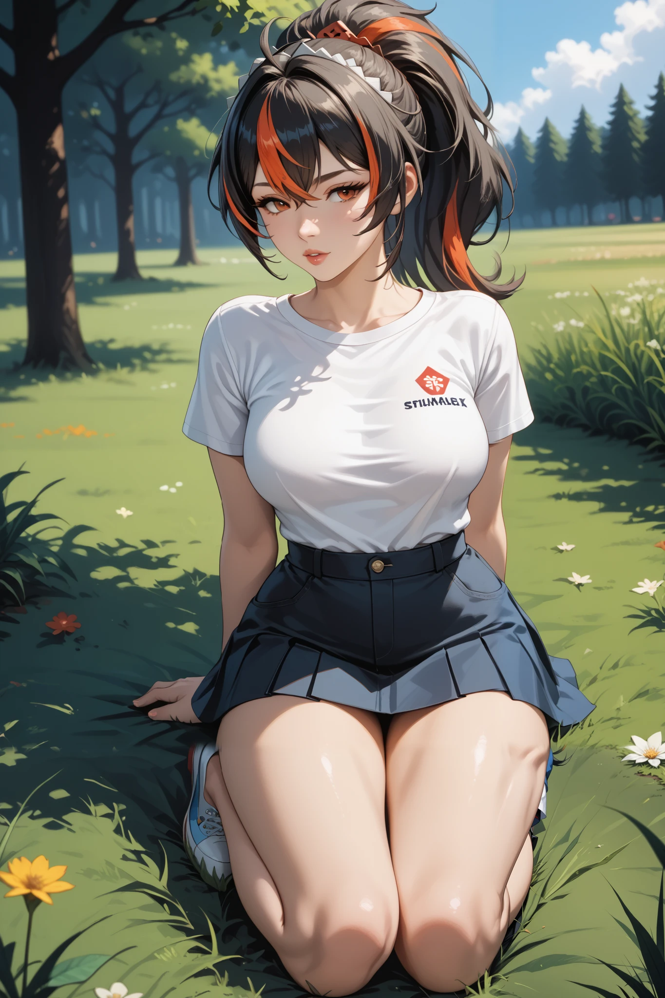 Masterpiece, extremely detailed,4k,solo, 1girl, Zhu yuan, ponytail streaked hair, blussesh cheeks, long hair,full body ,perfect slim body ,long legs,arms behind back,perfect slim body, very large breasts, ((kawai face)),Klimaks ekspression,(thin lips),white tshirt,Short sleevee, mini skirt, cowboy shoot,((grass)), Front look, ((looking at viewers))