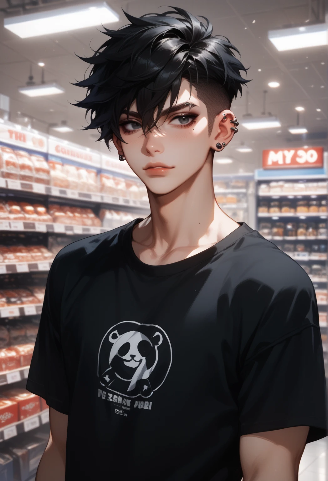 emo boy, adult, black eyes, clothing store background, piercings, black t-shirt, looking over his shoulders