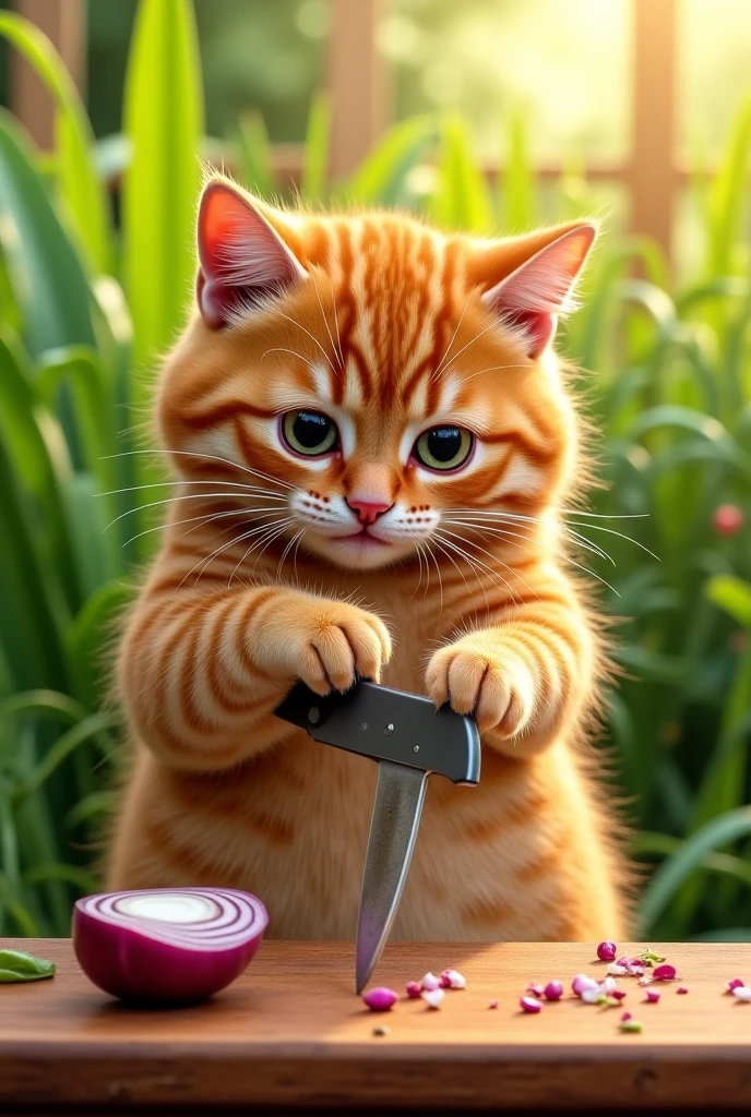 A cat with a machete peeling a cane in a cane field