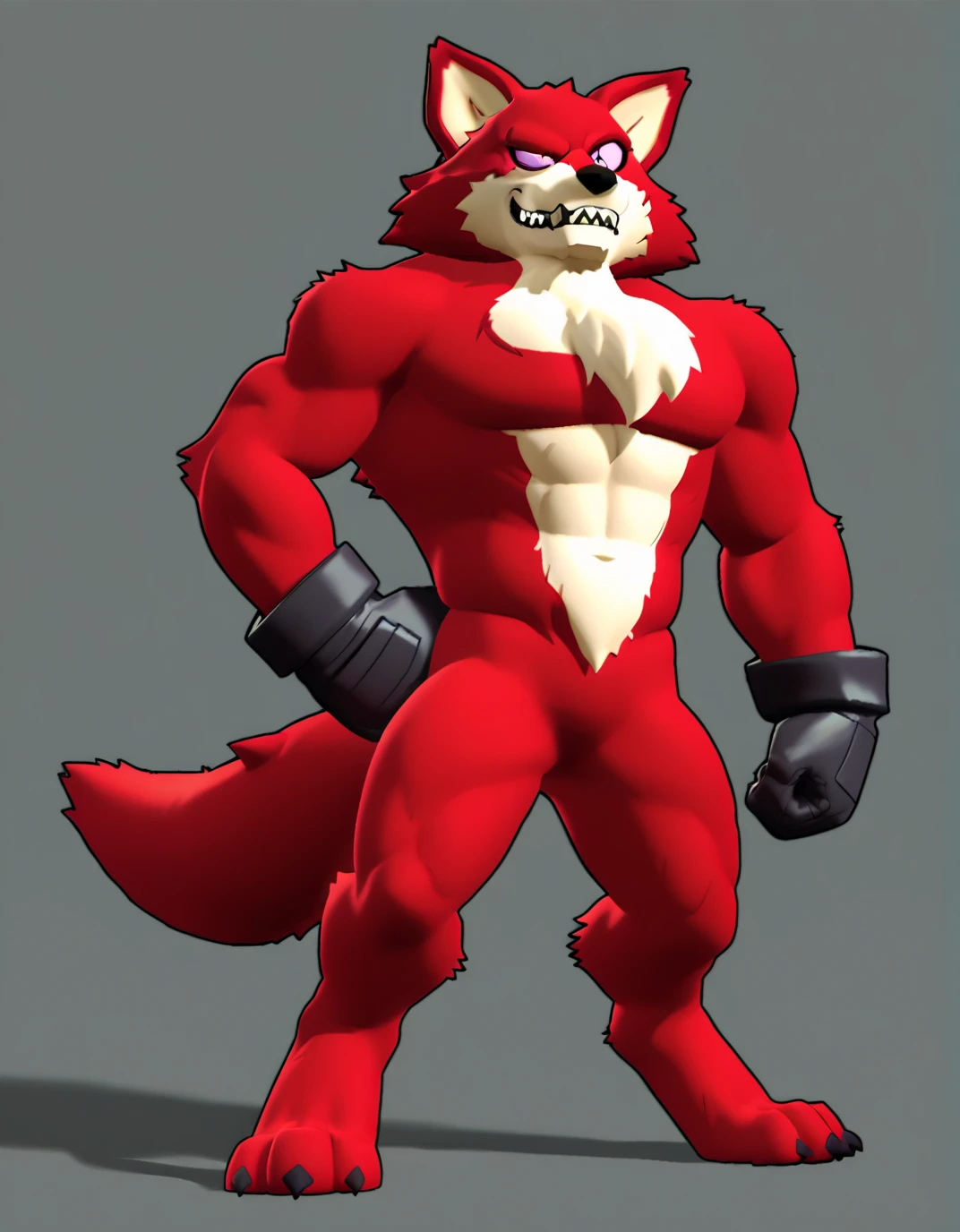 ((solo, full body perspective, side perspective)), male, anthro, ((wolf-face, digitigrade, four toes, muscled body, two-tone fur, red and white furred body, arms at side, white claws)), calm expression, dragon eyes, slim body, digitigrade legs,