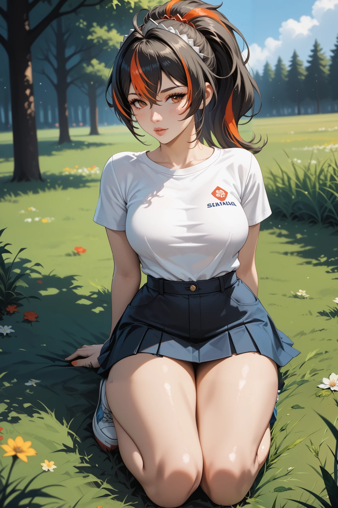 Masterpiece, extremely detailed,4k,solo, 1girl, Zhu yuan, ponytail streaked hair, blussesh cheeks, long hair,full body ,perfect slim body ,long legs,arms behind back,perfect slim body, very large breasts, ((kawai face)),Klimaks ekspression,(thin lips),white tshirt,Short sleevee, mini skirt, cowboy shoot,((grass)), Front look, ((looking at viewers))