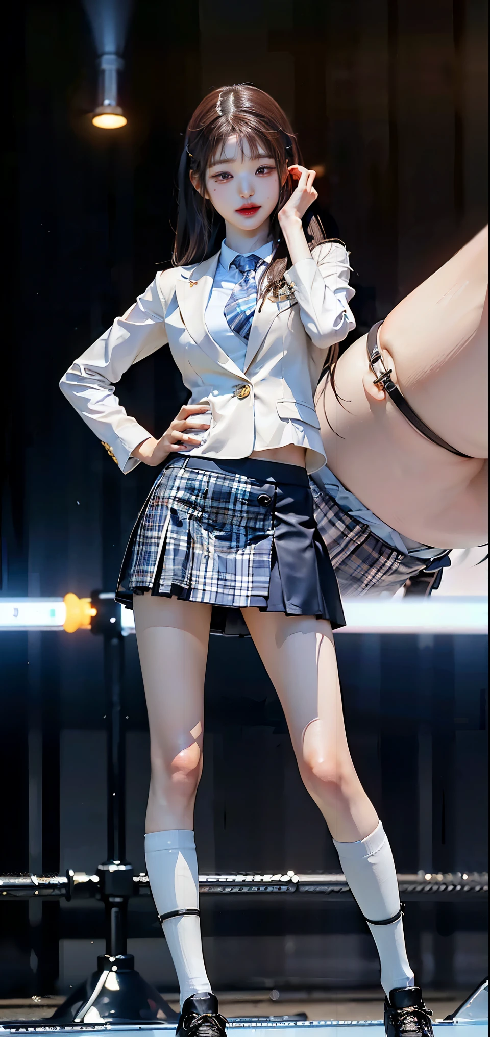 High school girl blazer、 uniform、Red checked knee-length skirt、Long skirt、JK Style、Jacket、smile、((white panties), Knee-high socks、Thigh-high socks、pantyhose、super beauty、Super cute、ennui、Rare beauty、Black Dark Eyeshadow、Good skin glow、Long hair straightener、Dark Gothic Makeup、Dark Smile、Fragrant beauty、Stained glass background、Masterpiece、Best Quality、Refers to 5 books、Sweat glistening on chest、Sweat glistening on face、Small breasts、Golden Hair、Age 19 years old、Slightly slim、Mysterious look、Sweating profusely all over the body、A lot of sweat and light on the thighs、Shiny thighs、Plenty of sweat glistening on the thighs、A large amount of sweat glistens on thighs、Gal、japanese face、Alluring expression、(((Thick thigh)))、spread legs, in a band、Live House Background、Open mouth、Live house scenery, Glamorous live stage、Dynamic Angle、Platform boots、Are standing、Hime cut hair、Gothloli 、from under stage, (((from below))),