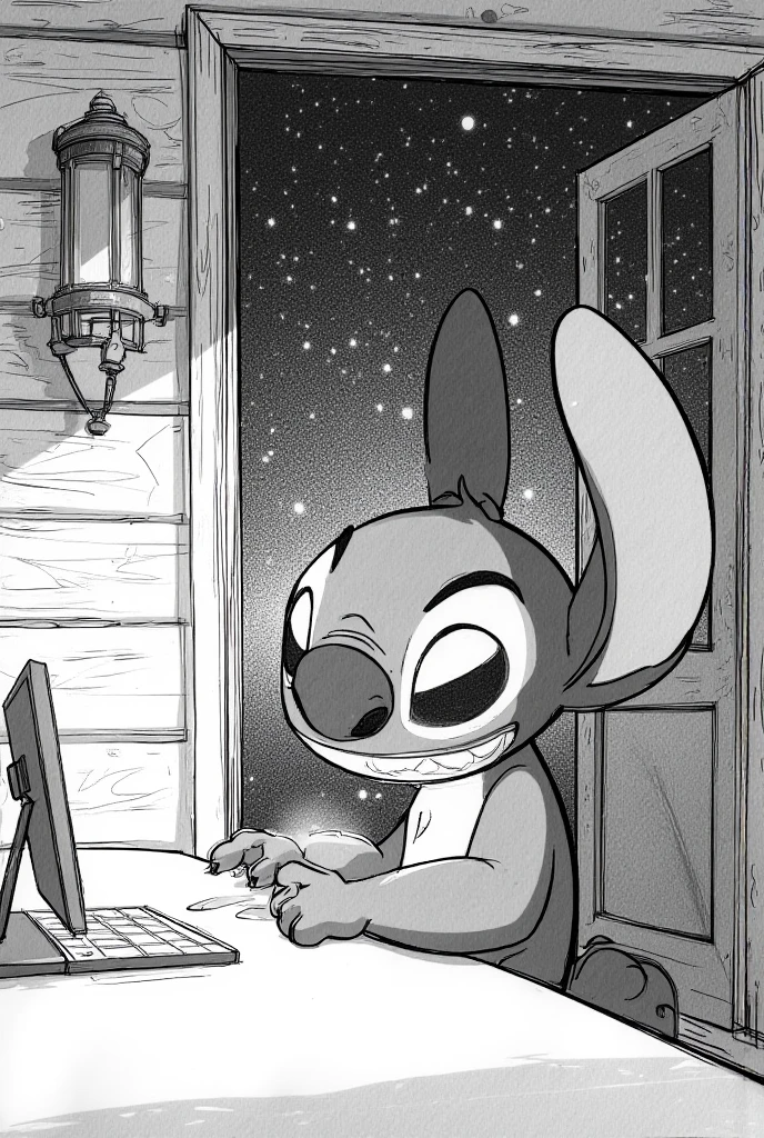  A black and white pencil drawing depicts Stitch from Disney sitting in his rustic cabin,  with an expression of hesitation and determination .  The light from the screen softly illuminates his face as he types the anonymous message .  The focus is on his expression and the hands that type . In the background,  shadows of the cabin and the open window show a starry sky , reflecting the serenity of the night .