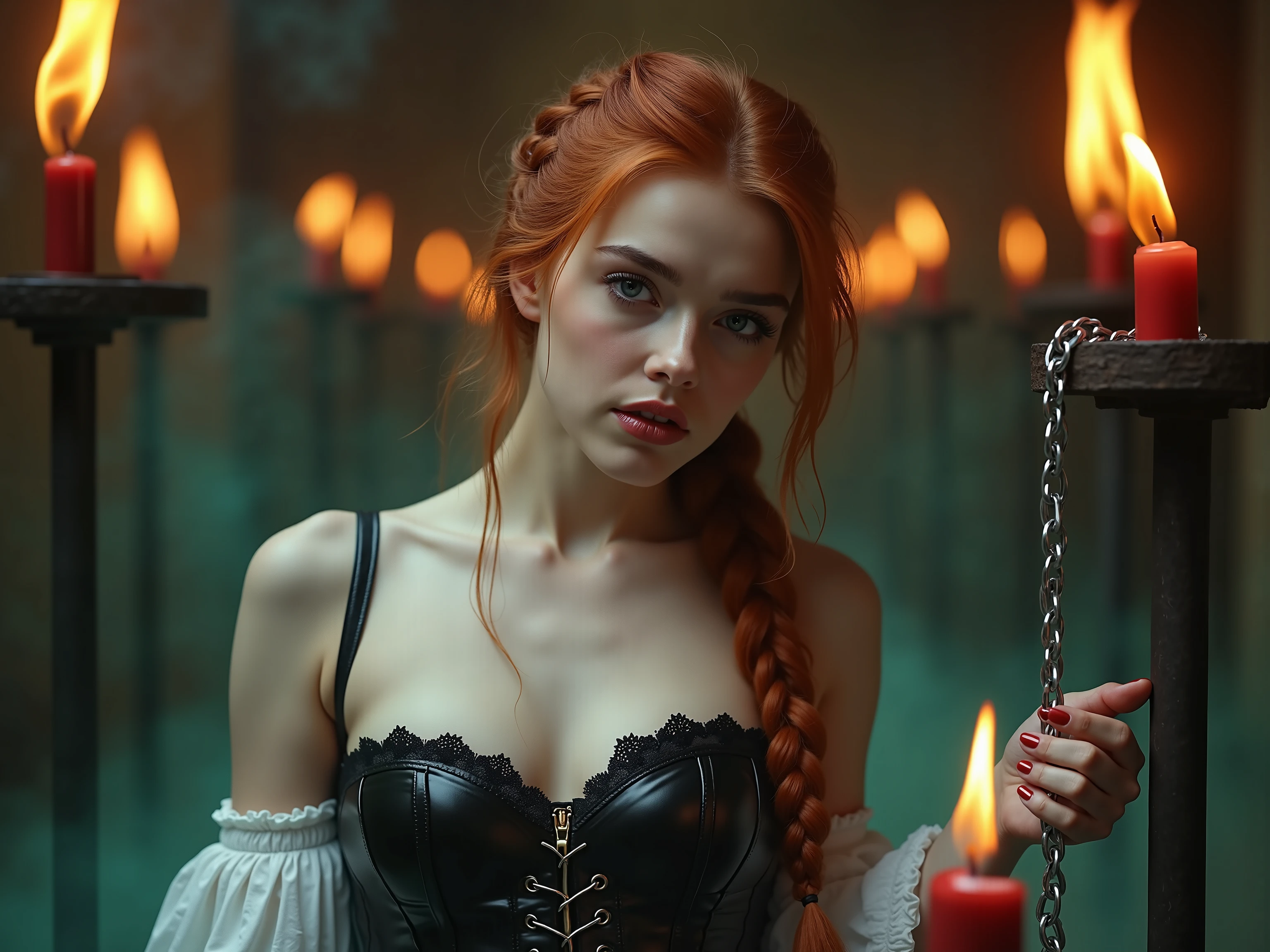 quality:
full body photo of a girl, (((masterpiece, high quality 16K, 32K))), (8k, Ultra-photorealistic :1.3), (vivid colors, cinematic composition, professional photoshoot).
Scene:
A mystical and dramatic environment , interspersed with green and golden smoke , that is shimmering , The background is dark and mysterious . with a touch of imagination and glamor , with subtle highlights , die die Scene verstärken, in her right hand she is holding a silver chain . schaut süß und unterwürfig zur camera
Subject :
Her facial features are delicate and perfectly symmetrical , that sparkles in the light of the fire . dancing flames around the central figure : a small, elegant nose and full , sensual lips, open lips, while focusing Lying completely on the young teenl. Medium-sized breasts, flat stomach, narrow waist, feminine hips, trained ass, thigh crack, red hair, double braids, the hair looks like flames are dancing in it,
Pose:
She stands self-confident and upright , In her right hand she holds a red candle, that make her expression attractive and fascinating . Her gaze is intense , directed directly at the camera , with a touch of imagination and glamor .
Outfit:
A figure-hugging , Shiny black leather corset and a white string thong, a leather leash from here neck to a pillory ore stake on the right side, der ihre Silhouette perfekt umschmeichelt und die Dramatik der Scene verstärkt.
lighting:
that enhances her mystical and dramatic charisma , A breathtakingly beautiful woman with bright blue eyes , surreal atmosphere.
style:
mystical, elegant and powerful , with a touch of imagination and glamor .