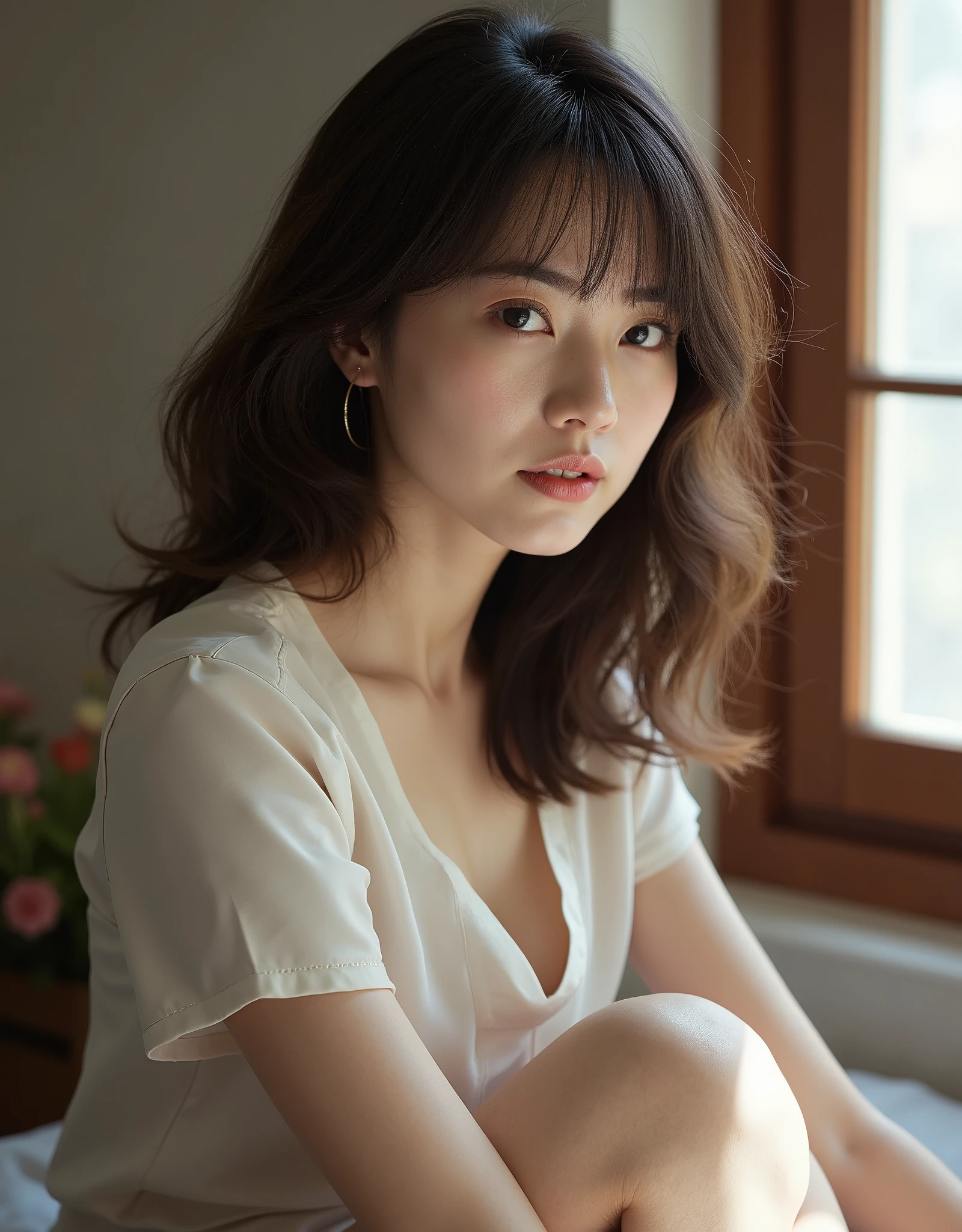 Side View, looking at viewer, sitting pose, noonday affair, cinema title The Widow's Passion , Japanese female 35-age, (brown middle hair), Big chest, middle hip, (photographic, super high definition , retina, masterpiece, anatomically correct, Accurate, textured skin, super detailed, High Details , High Quality , High Quality , high definition , 8k)