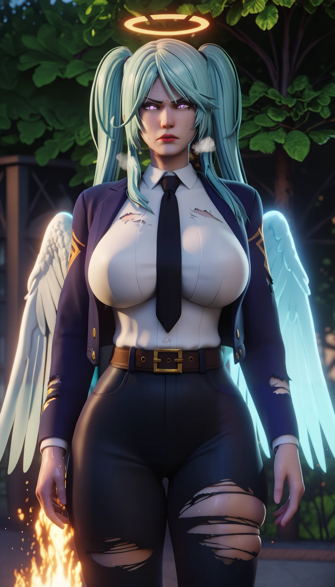 Score_9, Score_8_up, Score_7_up, bouqtm, epsilon, long hair, twintails, blue hair, purple eyes, sidelocks, red lips, (skindentation:1.2), BREAK glow effects, godrays, Hand drawn, render, 8k, octane render, cinema 4d, blender, dark, atmospheric 4k ultra detailed, cinematic, Sharp focus, big depth of field, Masterpiece, colors, 3d octane render, 4k, concept art, trending on artstation, hyperrealistic, Vivid colors, extremely detailed CG unity 8k wallpaper, trending on CGSociety, Intricate, High Detail, dramatic, sweating, exxcesive sweating, sweating drop, ((gasping, heavy breathing:1.3)), makeup, BREAK wings, solo, halo, necktie, fire, pants, shirt, formal, suit, white shirt, 1girl, belt, outdoors, glaring eyes, glowing, jacket, black pants, sky, black necktie, collared shirt, feathered wings, burning, black jacket, long sleeves, closed mouth, angel, blue fire, tree, standing, hollow eyes, glow effect, large breasts, bright pupils, torn clothes, thick lips, 