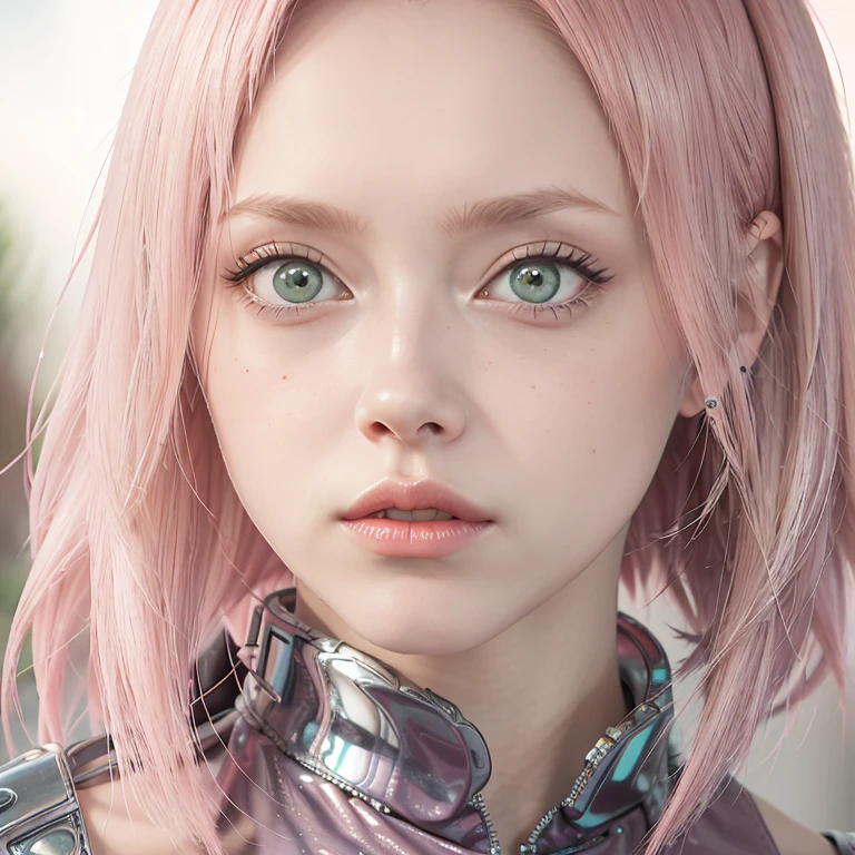 young woman, short shoulder-length pink hair, wide forehead, porcelain skin, pink eyebrows, big emerald green eyes, buttoned nose, full lips, heart-shaped face, slender body, small breasts, red tank top, Sakura Haruno , realistic, realism, details, 3d, well detailed
