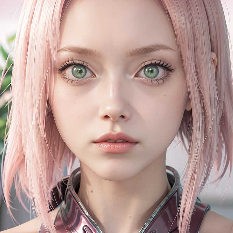 young woman, short shoulder-length pink hair, wide forehead, porcelain skin, pink eyebrows, big emerald green eyes, buttoned nose, full lips, heart-shaped face, slender body, small breasts, red tank top, Sakura Haruno , realistic, realism, details, 3d, well detailed
