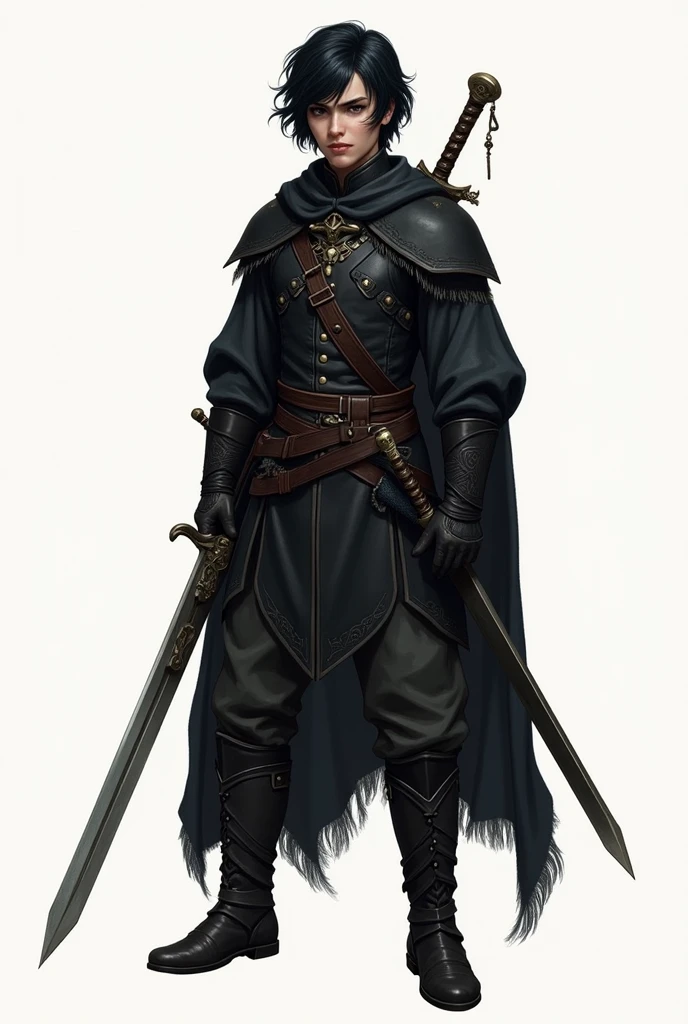  Make a d & d-style character with medium short black hair ,  black eyes . It appears to be 1 meter and 70 cm . average height.  With a long sword at the left waist and a slightly smaller one at the same waist.  Dark clothes with a black-dyed leather vest .  and a belt with a small dagger on the right .  A black boot with dark gray details . and pants