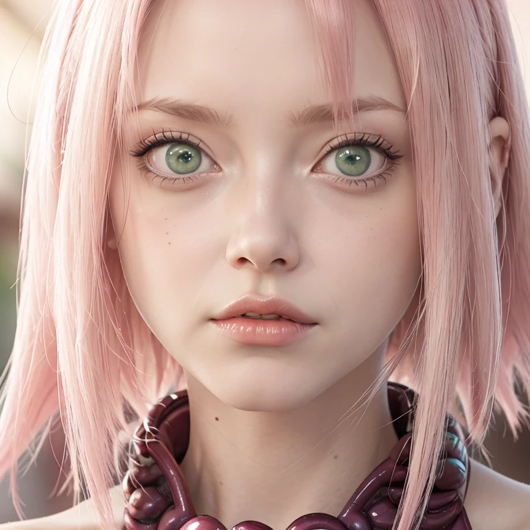 young woman, short shoulder-length pink hair, wide forehead, porcelain skin, pink eyebrows, big emerald green eyes, buttoned nose, full lips, heart-shaped face, slender body, small breasts, red tank top, Sakura Haruno , realistic, realism, details, 3d, well detailed
