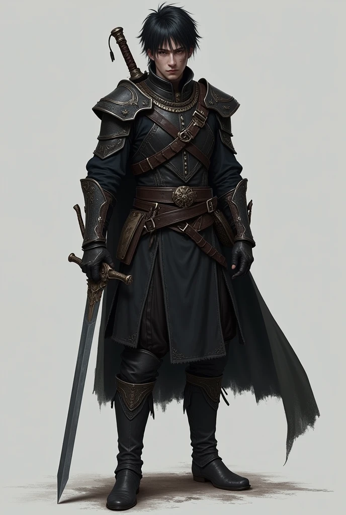  Make a male character. Style d&d. with medium short black hair,  black eyes . It appears to be 1 meter and 70 cm . average height.  With a long sword at the left waist and a slightly smaller one at the same waist.  Dark clothes with a black-dyed leather vest .  and a belt with a small dagger on the right .  A black boot with dark gray details .