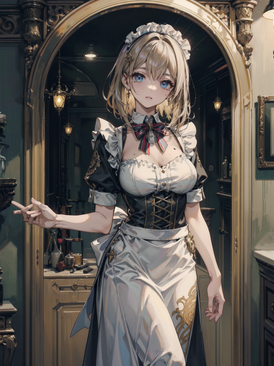(Highest quality、16K、masterpiece、Ultra-high resolution、Victorian era、Photorealistic:1.2)、A delicate Lolita girl, aged 13, stands on a castle balcony at dusk, surrounded by the city's skyline and steampunk contraptions. Her platinum hair is messy, framing her androgynous charm. She wears a flowing white dress with a light green tie and holds a pocket watch in hand. A subtle smile plays on her lips as she gazes out at the night view, her eyes shining like sapphires. The air is filled with steam spewing from pipes, adding to the surreal atmosphere. Her skin glows with an ultra-dense texture, and her fingers are full and detailed.