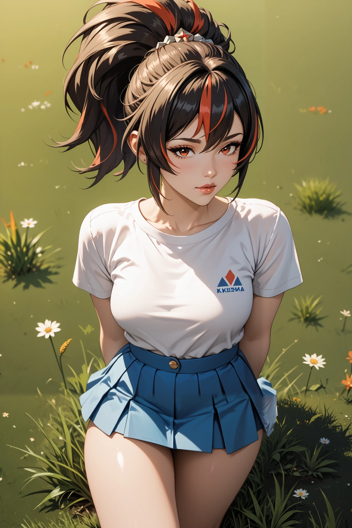 Masterpiece, extremely detailed,4k,solo, 1girl, Zhu yuan, ponytail streaked hair, blussesh cheeks, long hair,full body ,perfect slim body ,long legs,arms behind back,perfect slim body, very large breasts, ((kawai face)),Klimaks ekspression,(thin lips),white tshirt,Short sleevee, mini skirt, cowboy shoot,((grass)), Front look, ((looking at viewers))